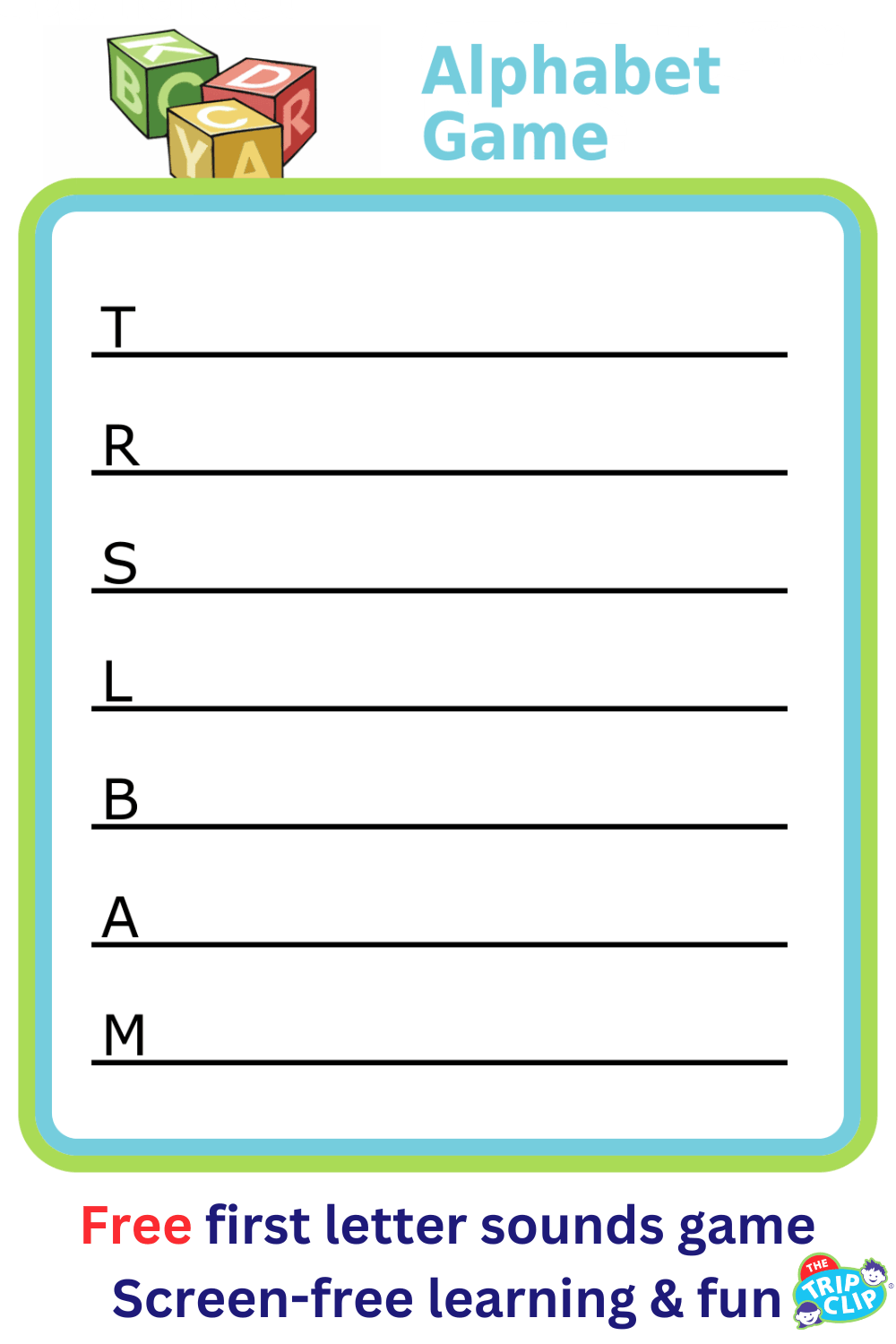 Alphabet Game: Blank lines with a capital letter at the beginning of each.