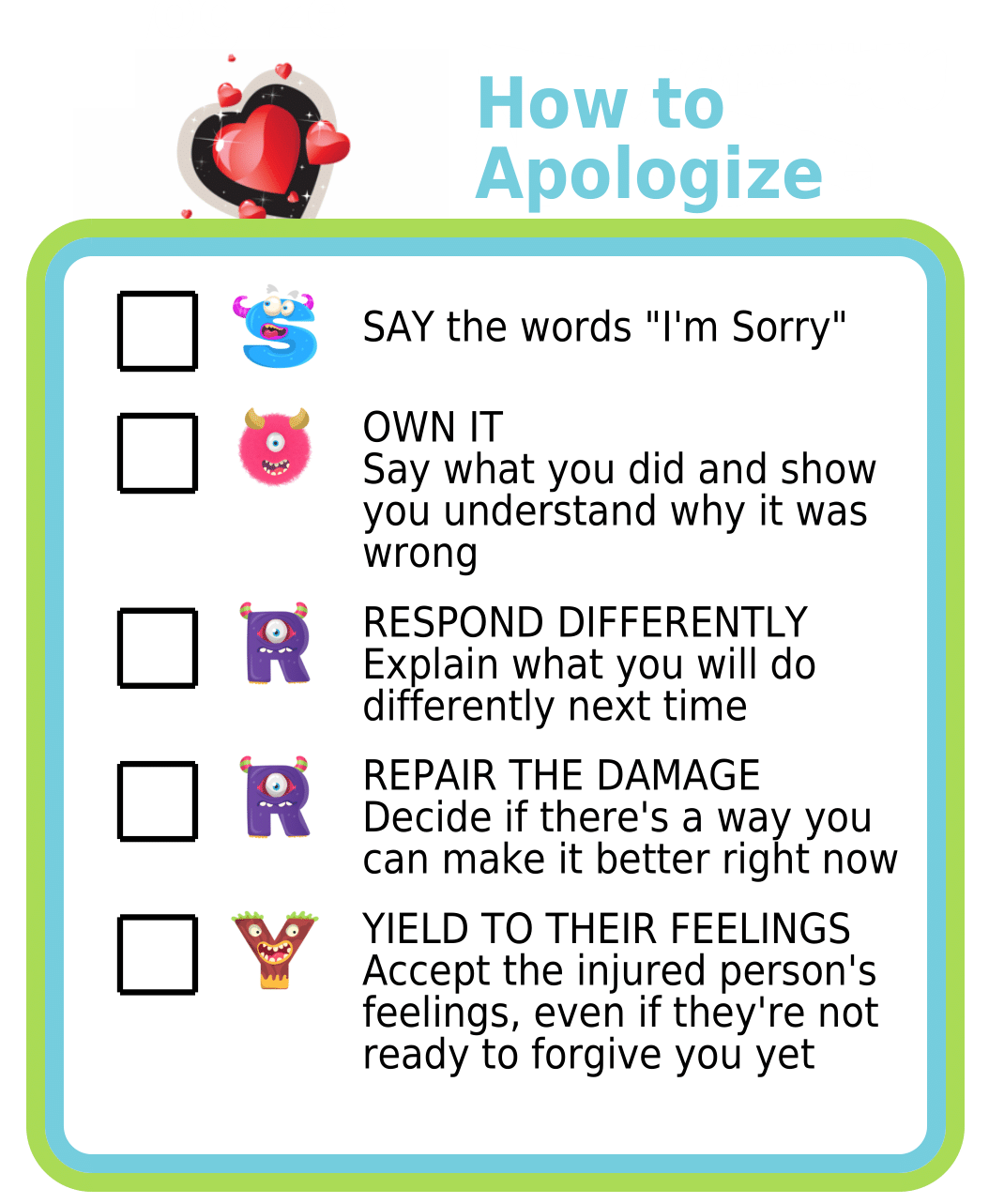 Picture checklist for steps to apologize and 1 writing worksheet pages.