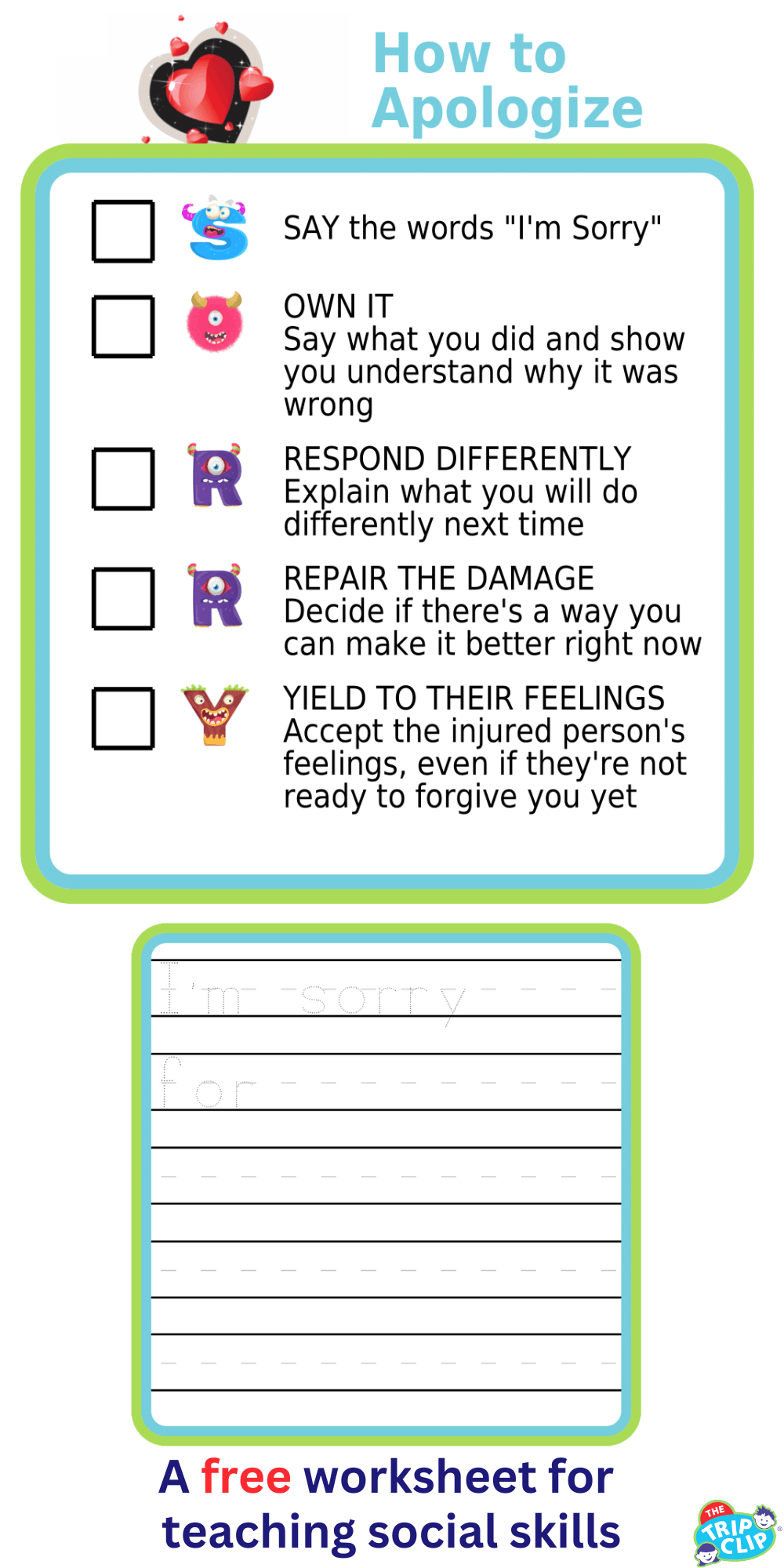 Picture checklist for steps to apologize and 1 writing worksheet pages.