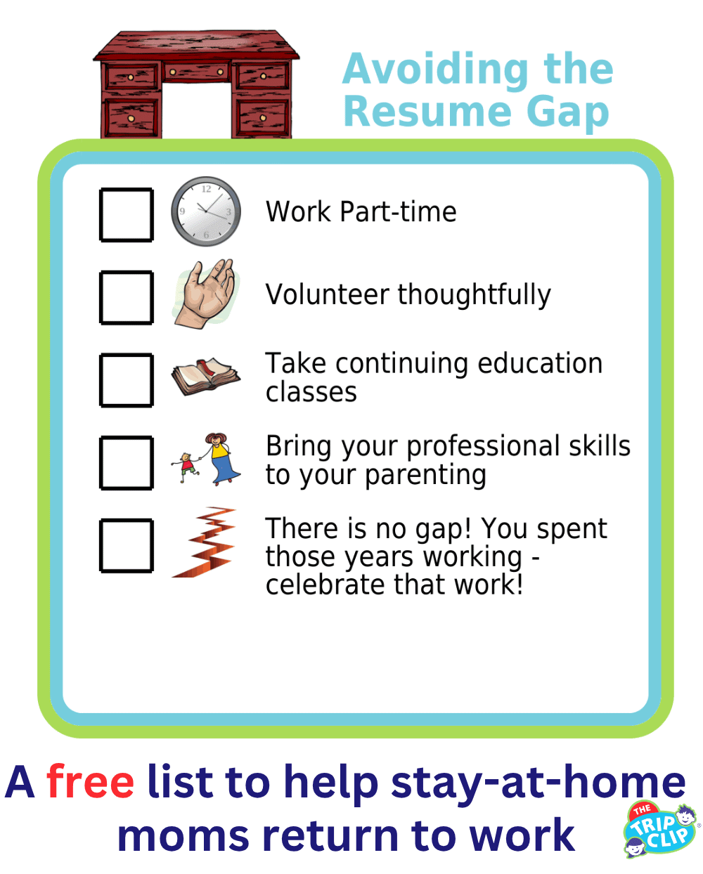 Picture checklist with ideas for how stay-at-home mos can plan for a return to work