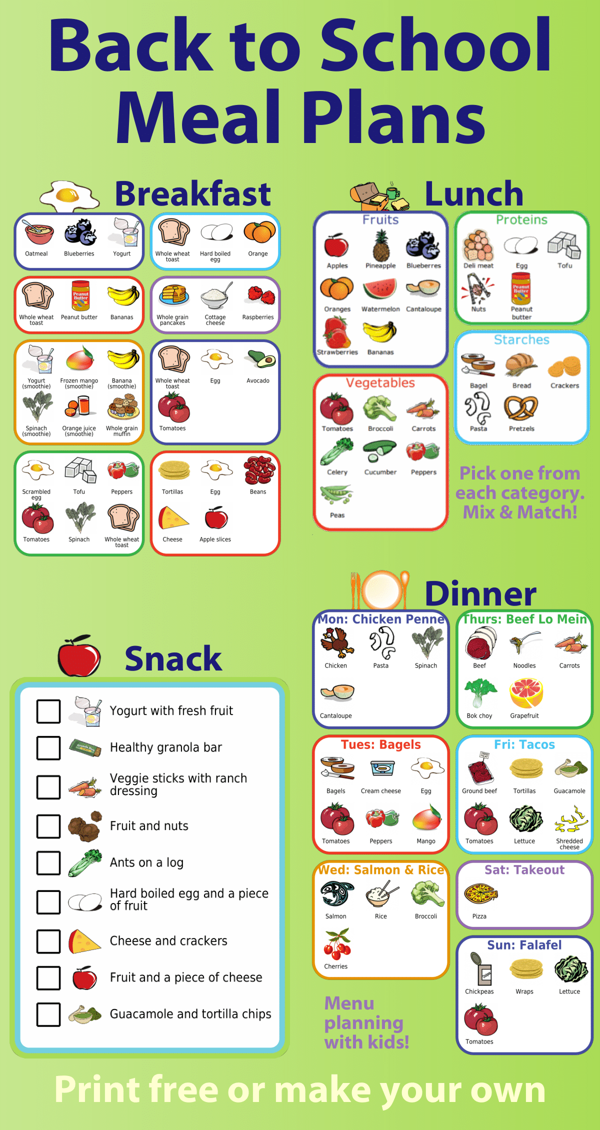 Menu ideas for breakfast, lunch, snacks, and dinner