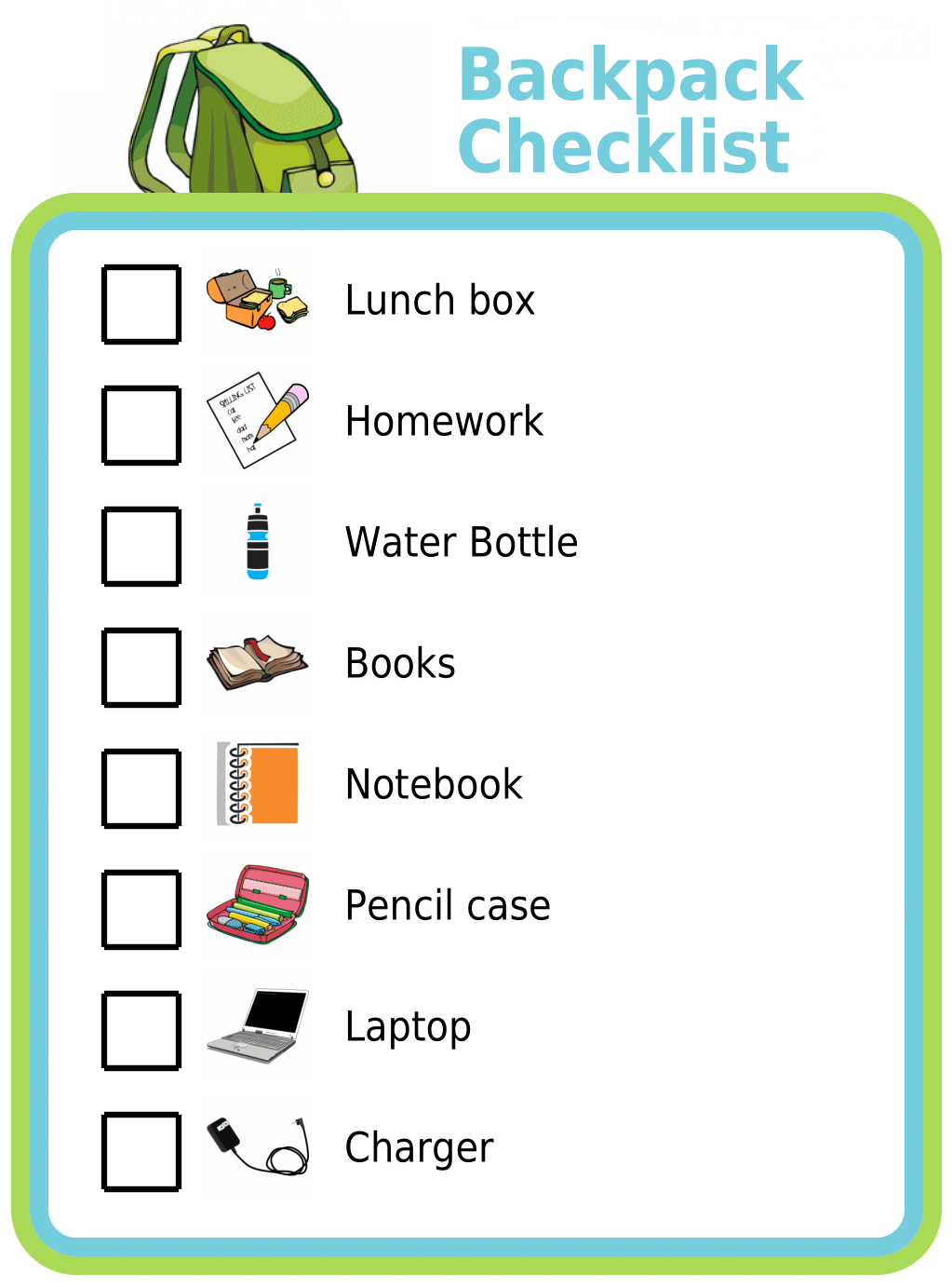 Picture checklist for items needed in a school backpack