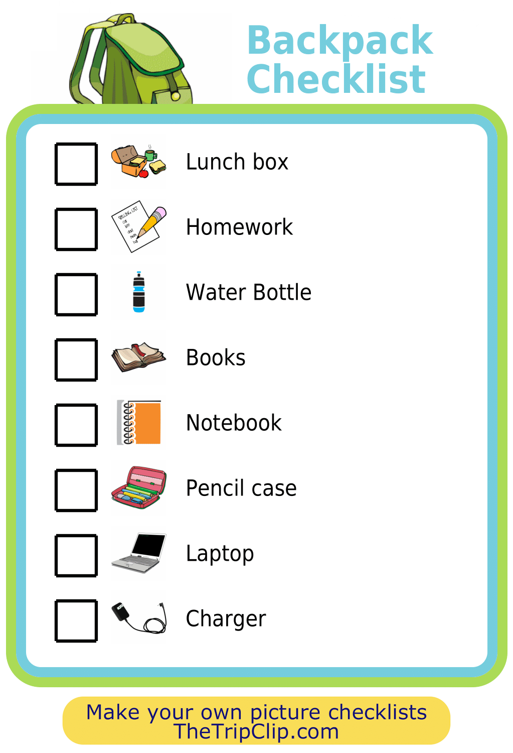 Picture checklist for items needed in a school backpack