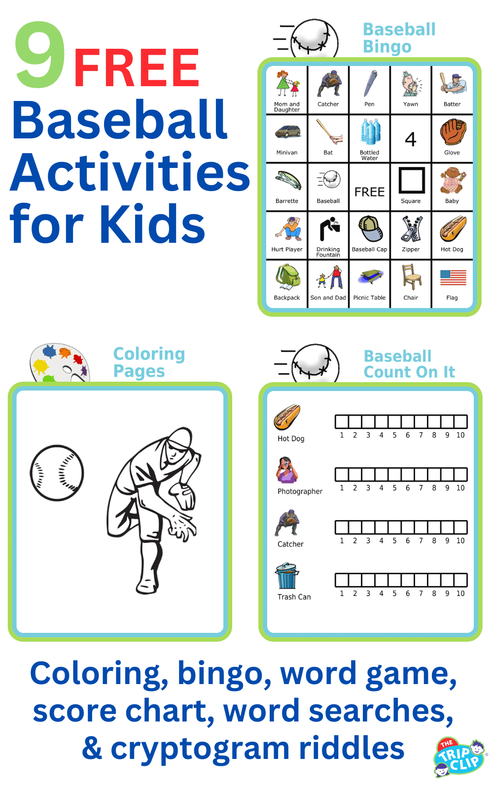 Tc Time Count Printed baseball activities: bingo, coloring page, count on it