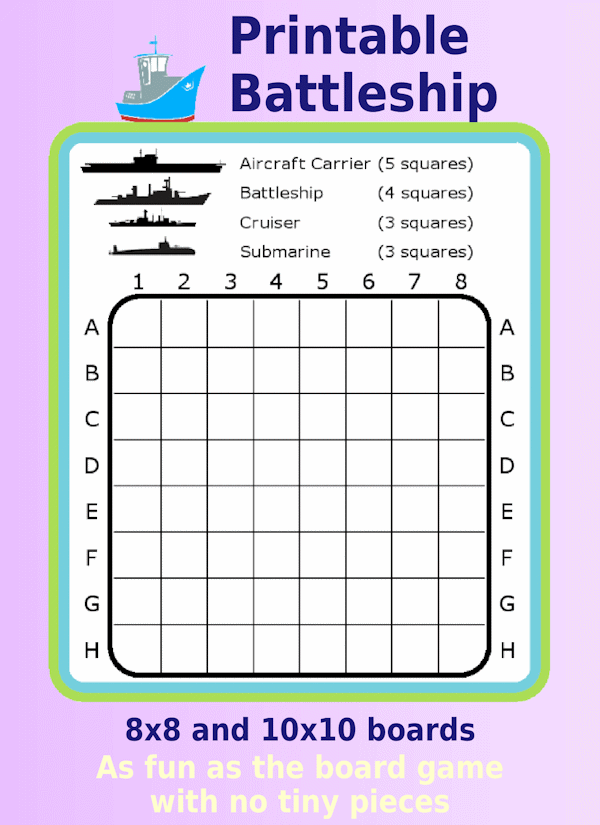 8x8 Battleship grid with 4 boat silhouettes at the top