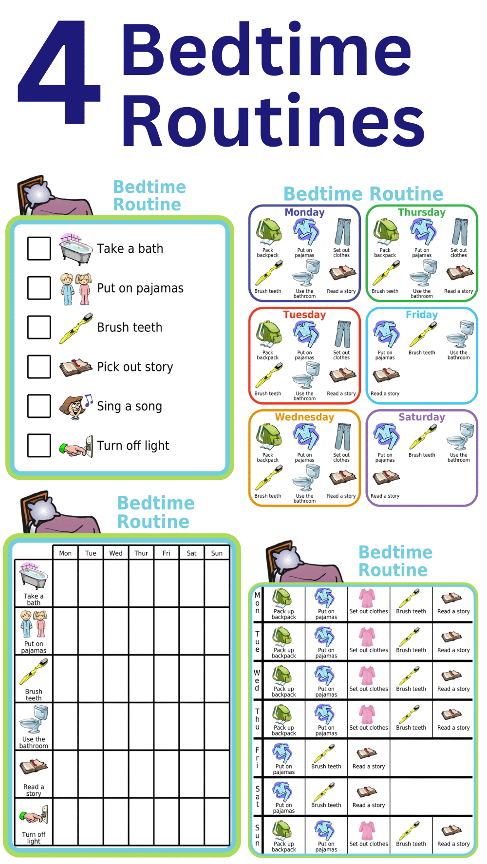 4 bedtime routine picture checklist options