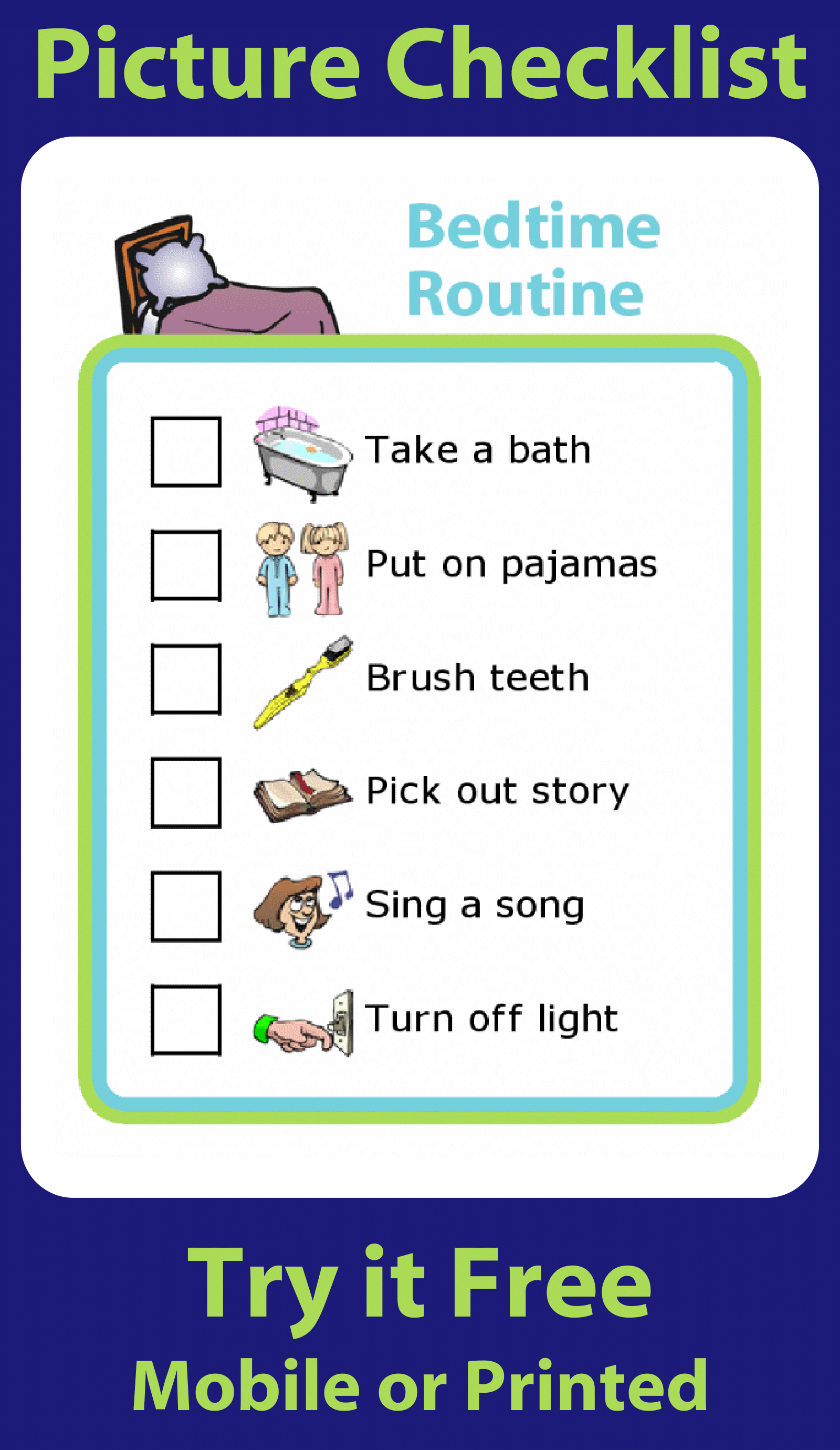 Picture checklist of bedtime routine for kids