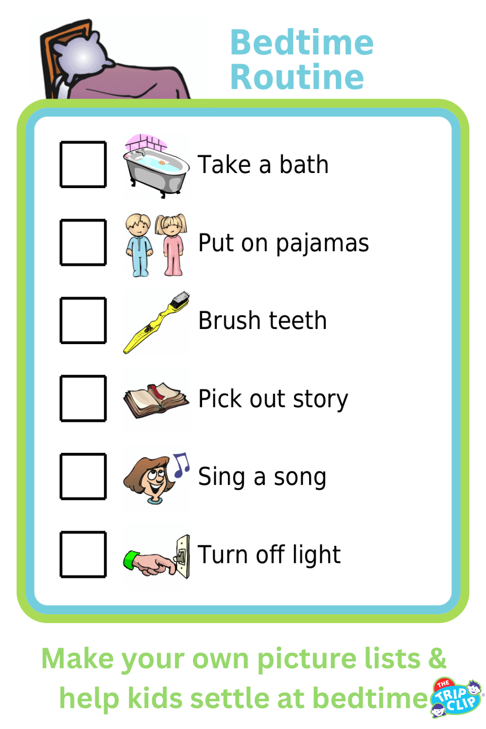 Picture checklist of bedtime routine for kids