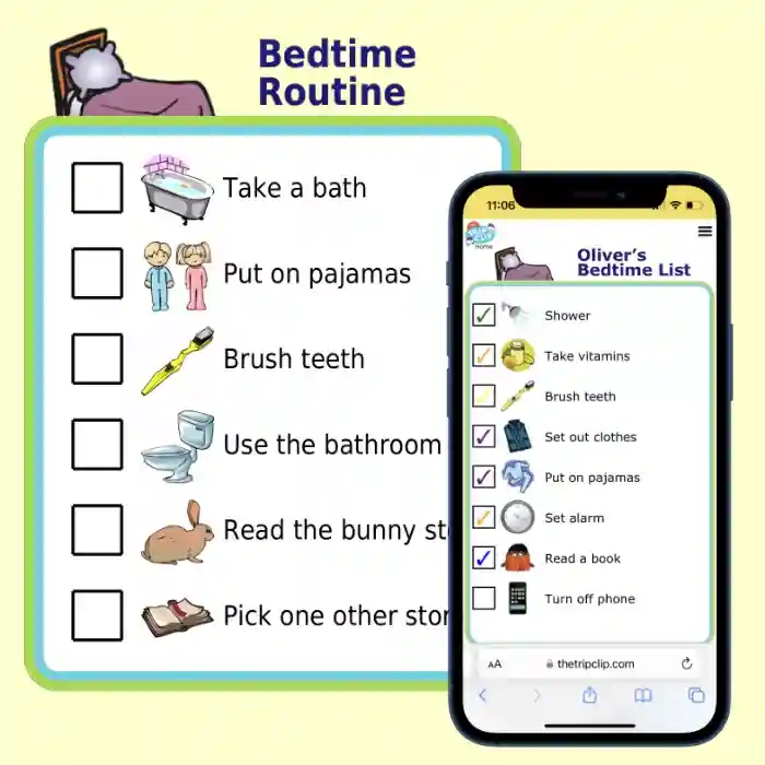 Printable picture bedtime checklist overlaid by picture list on iPhone