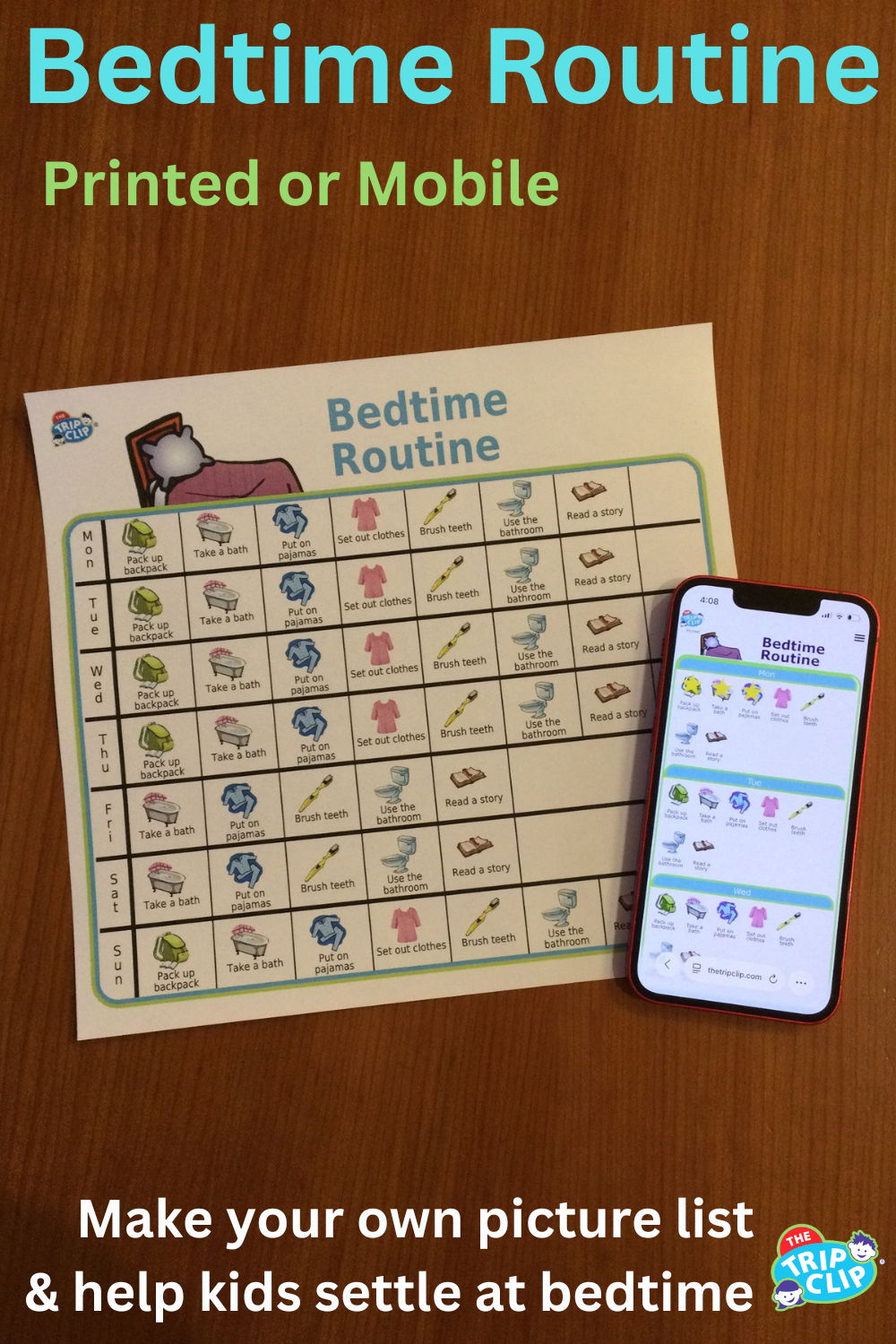 Bedtime routine picture checklist for kids shown printed and on an iPhone