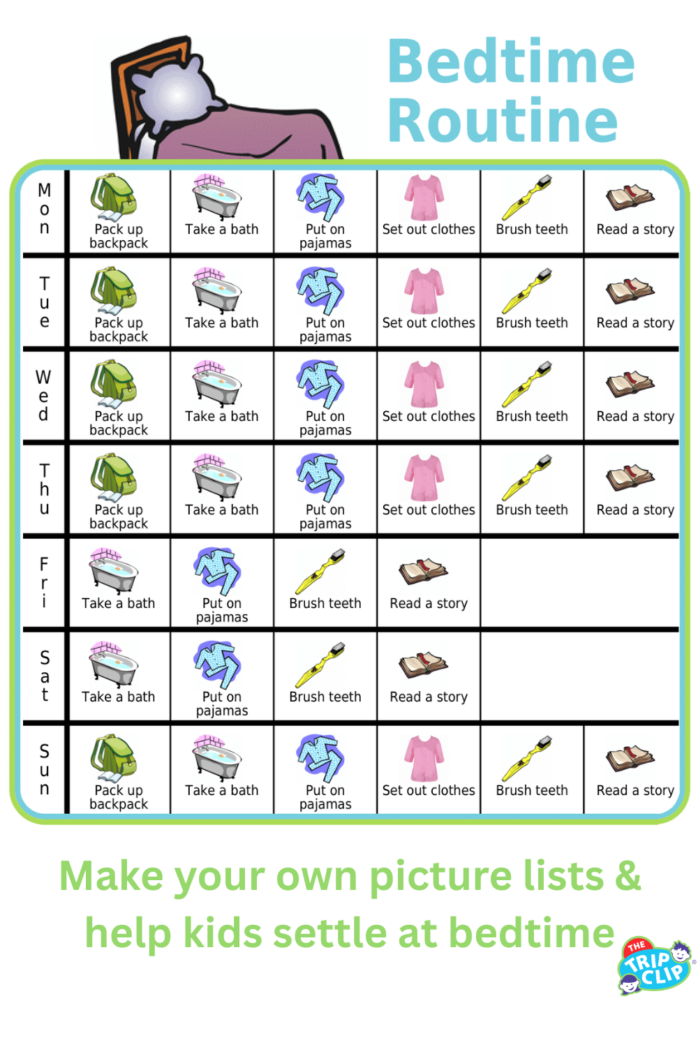 Bedtime routine picture checklist for kids