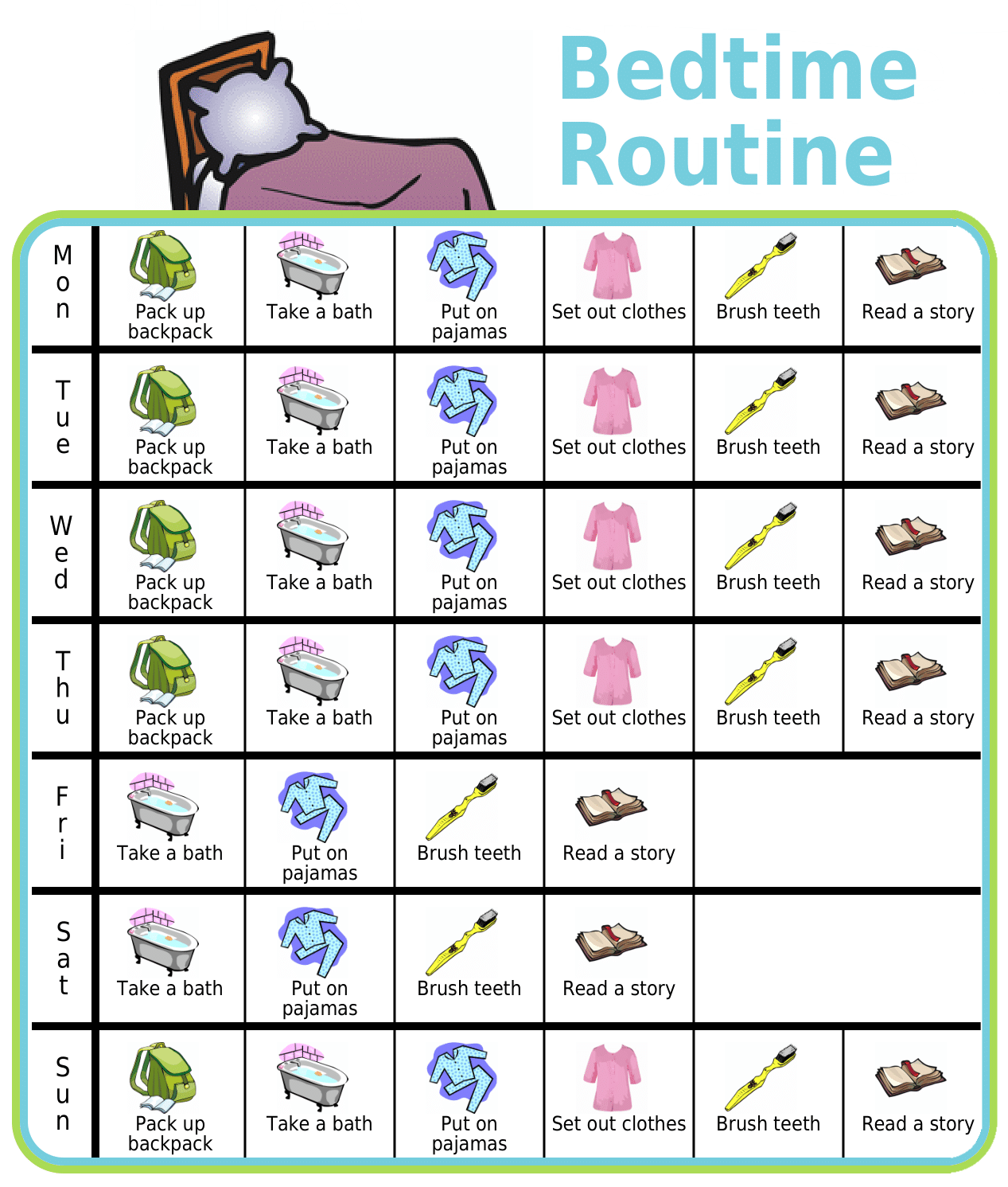 Bedtime routine picture checklist for kids