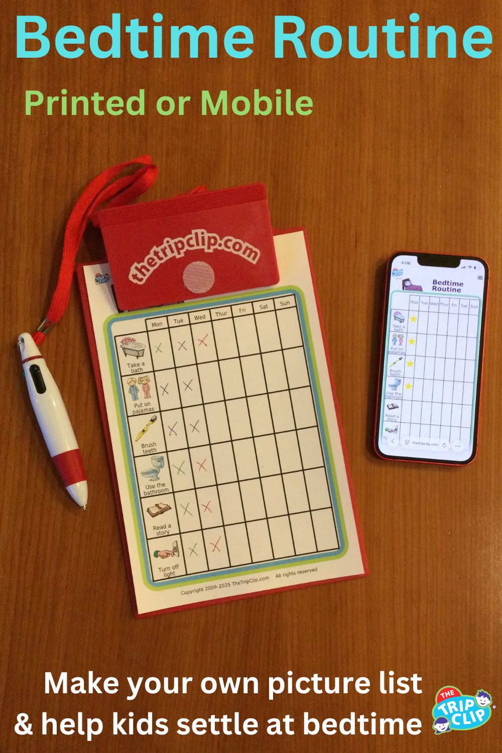 Bedtime routine picture checklist for kids shown on clipboard and iPhone