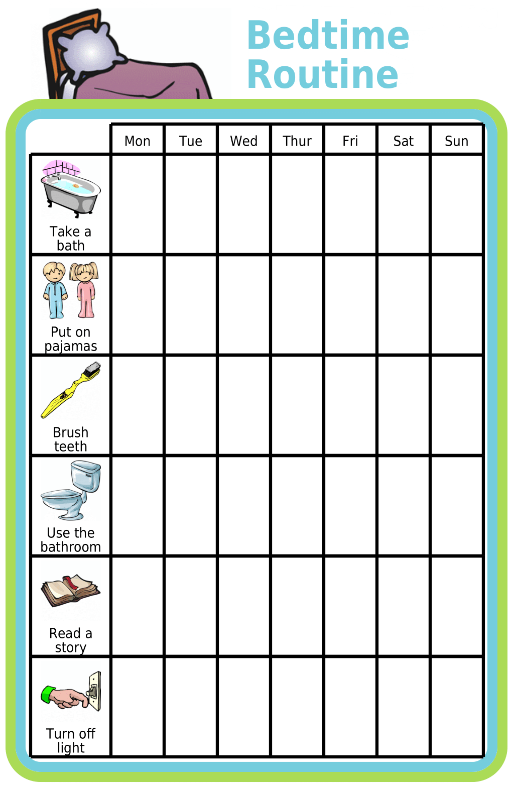 Bedtime routine picture checklist for kids