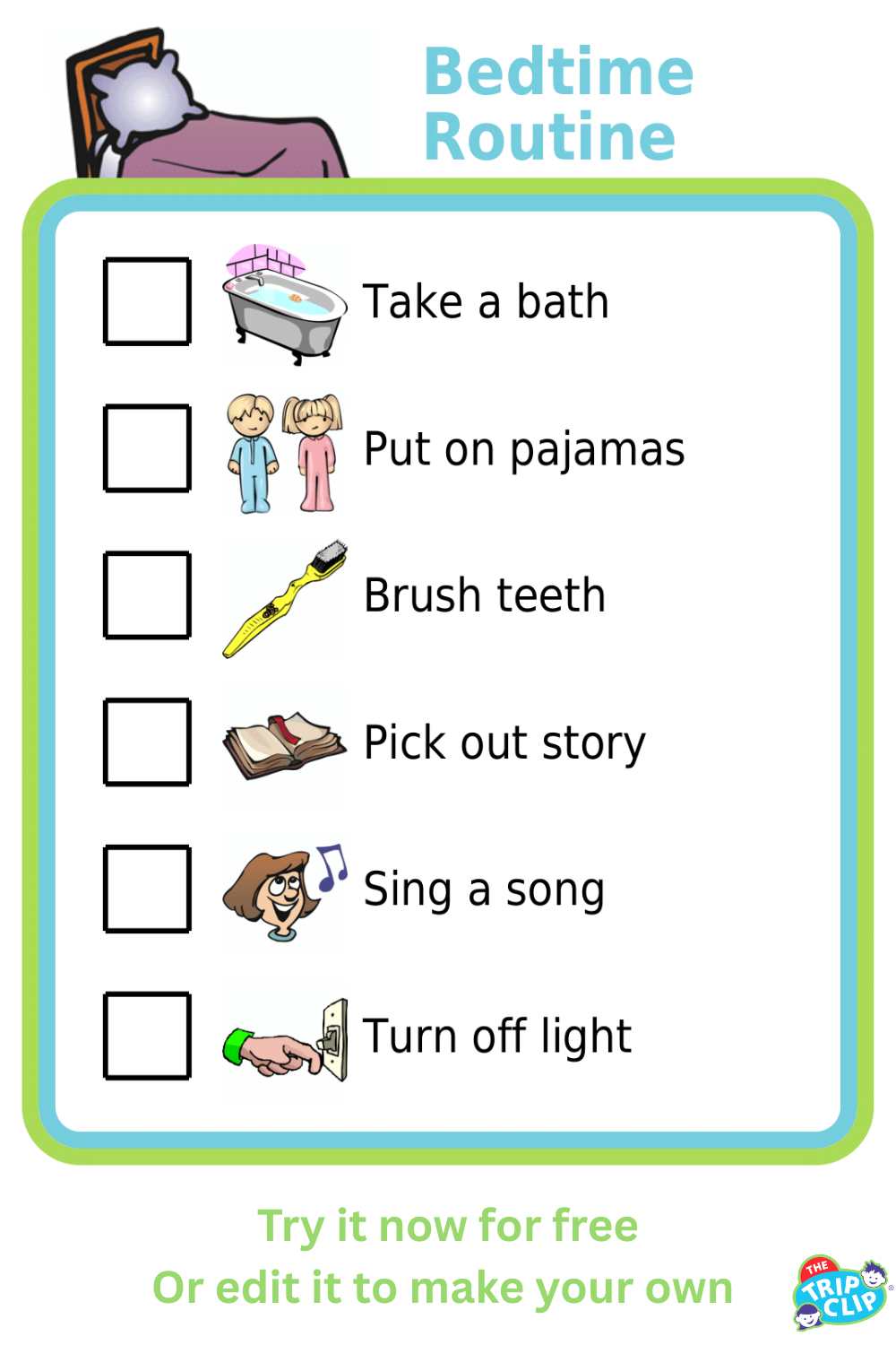 Picture checklist of bedtime routine for kids
