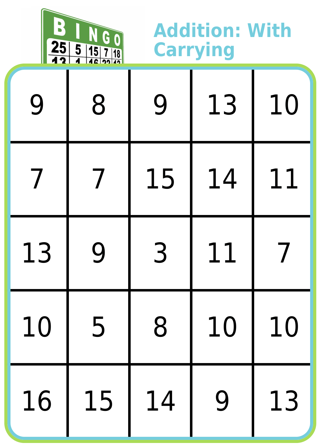 Bingo board with title 'Addition: With carrying'