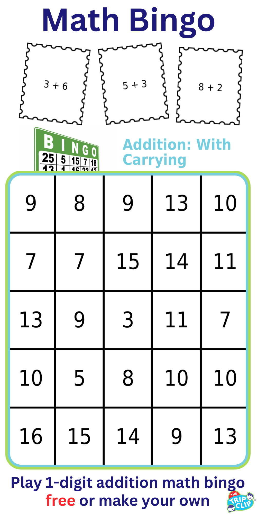Bingo board with title 'Addition: With carrying'