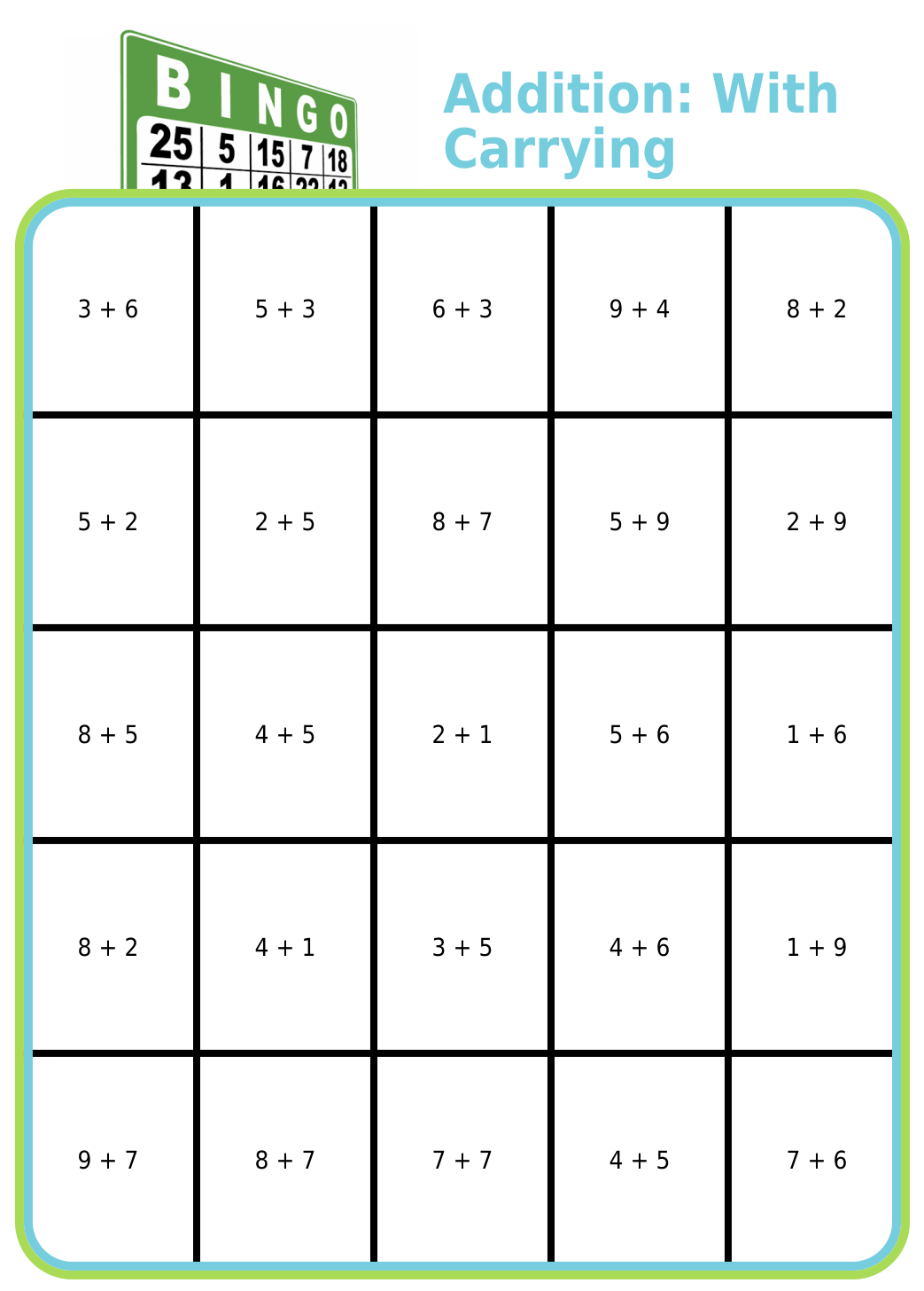 Bingo board with title 'Addition: With carrying'