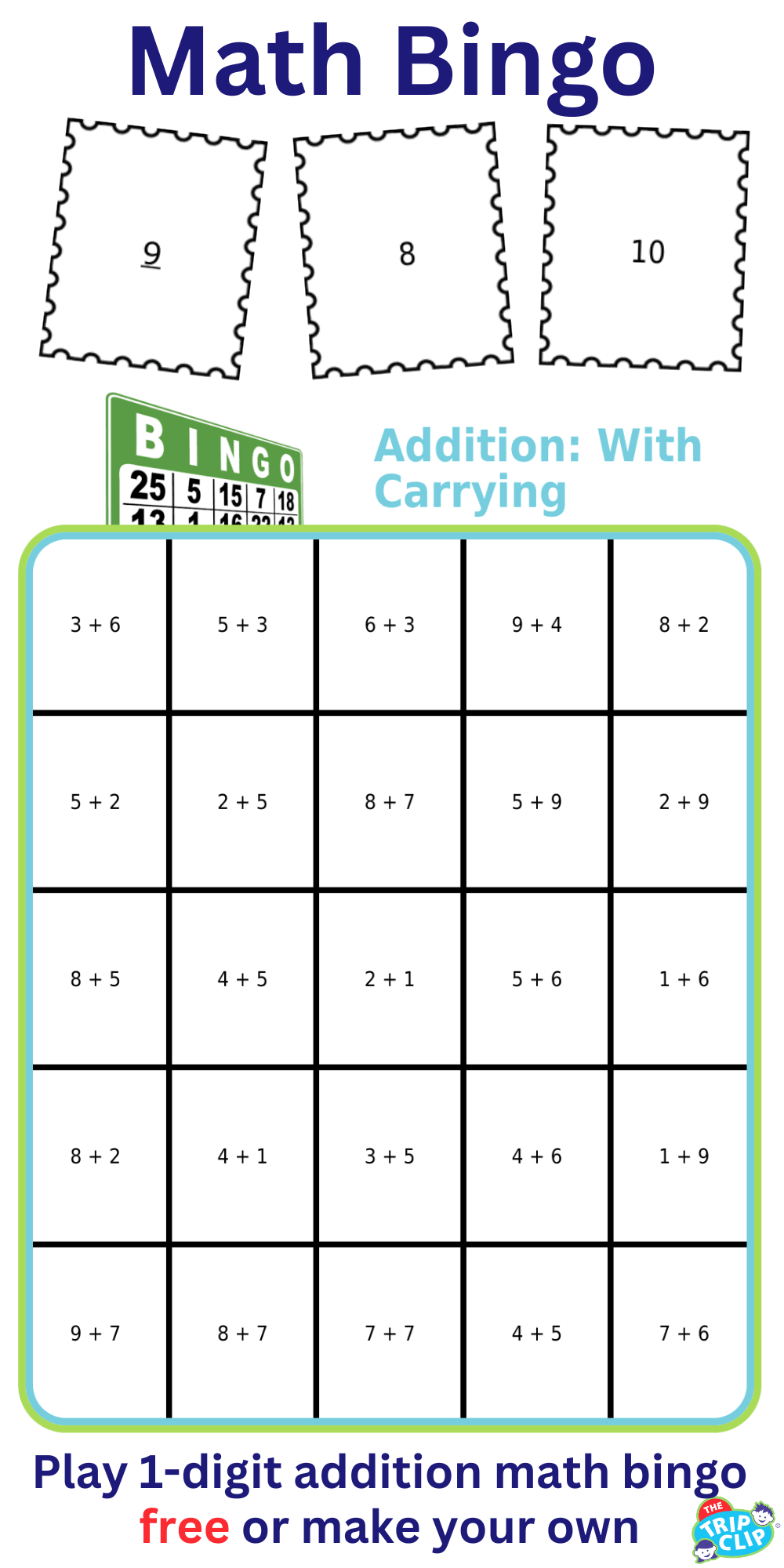 Bingo board with title 'Addition: With carrying'