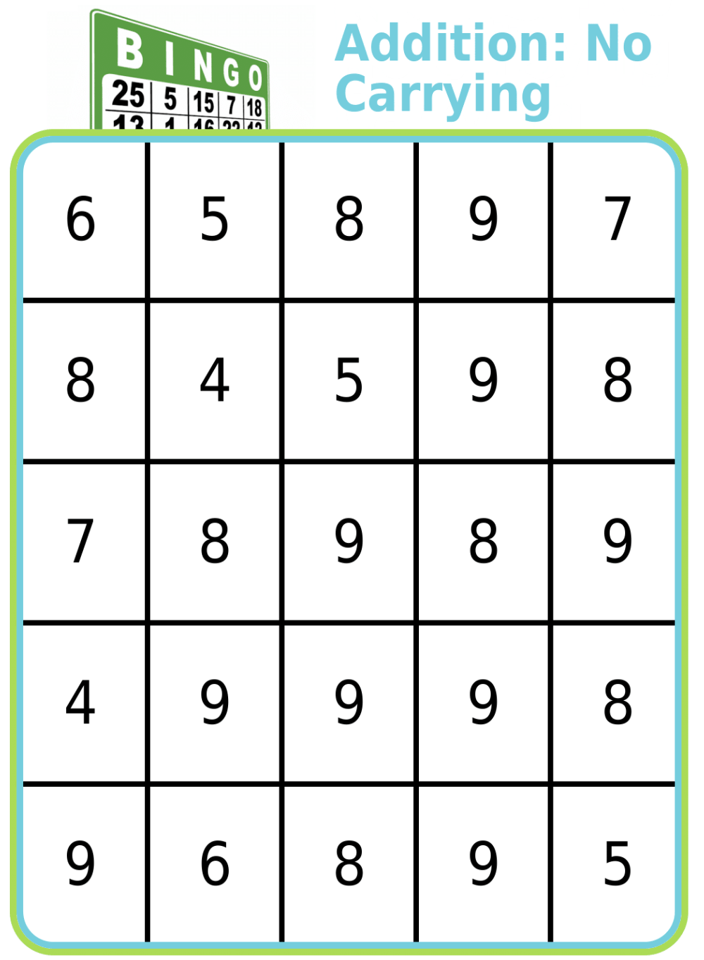 Bingo board with title 'Addition: No carrying'
