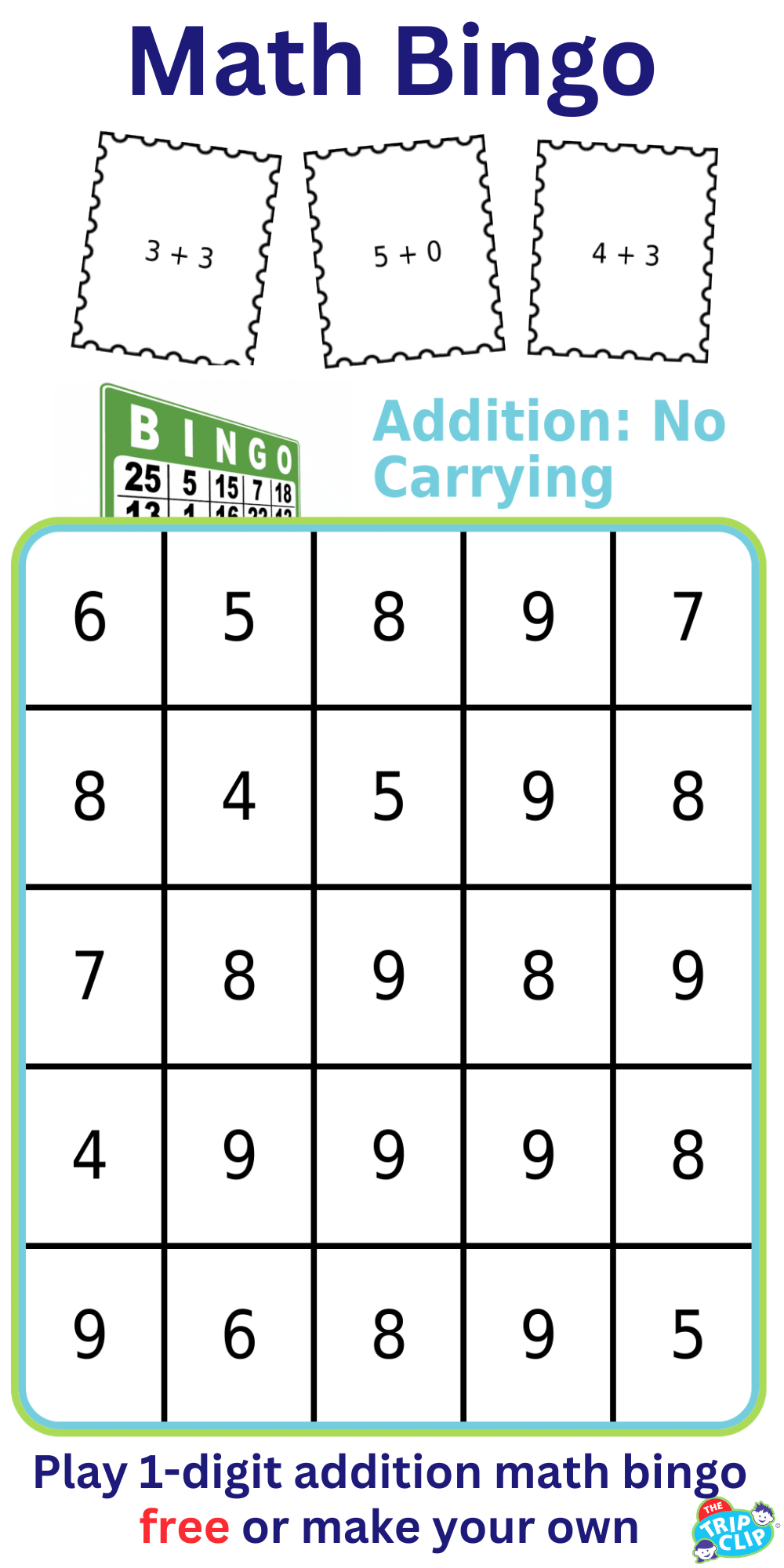Bingo board with title 'Addition: No carrying'
