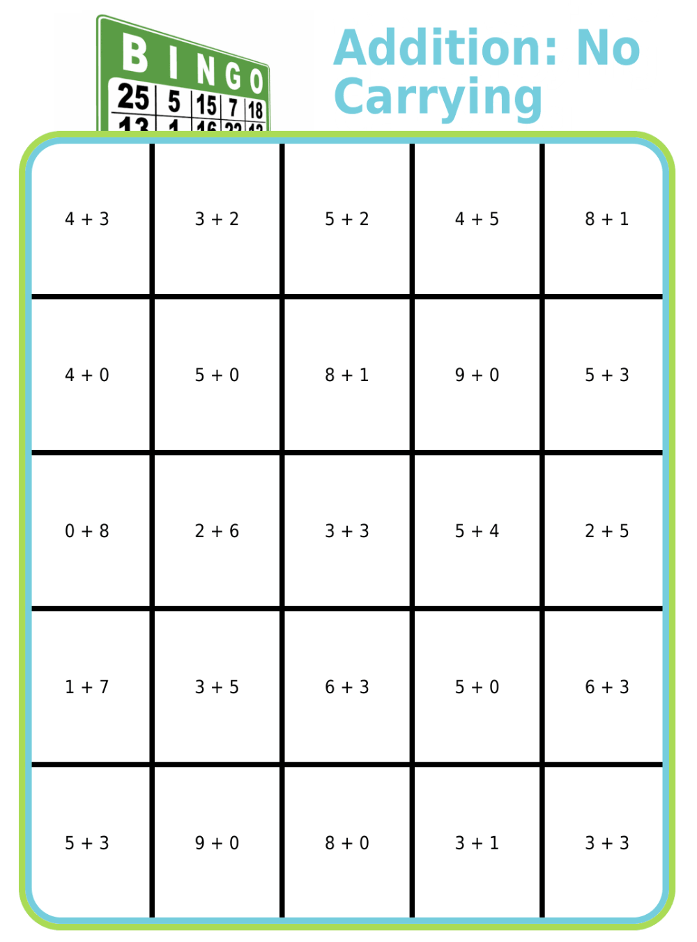 Bingo board with title 'Addition: No carrying'
