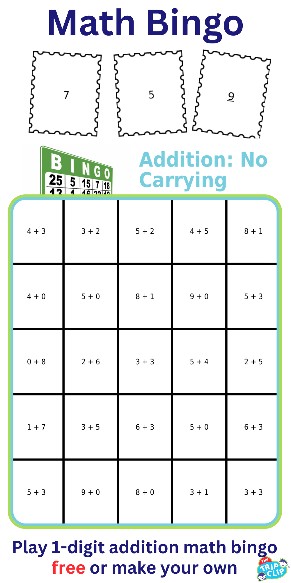 Bingo board with title 'Addition: No carrying'