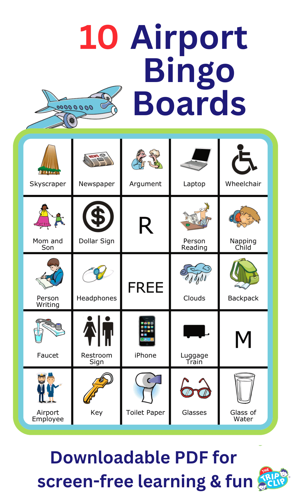 Bingo board with 24 images you might see at the airport