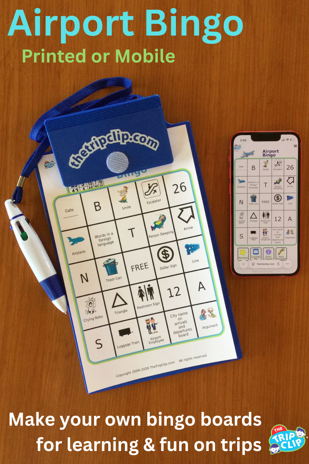 Bingo board with airplane at the top and title Airport Bingo, shown on clipboard and iPhone