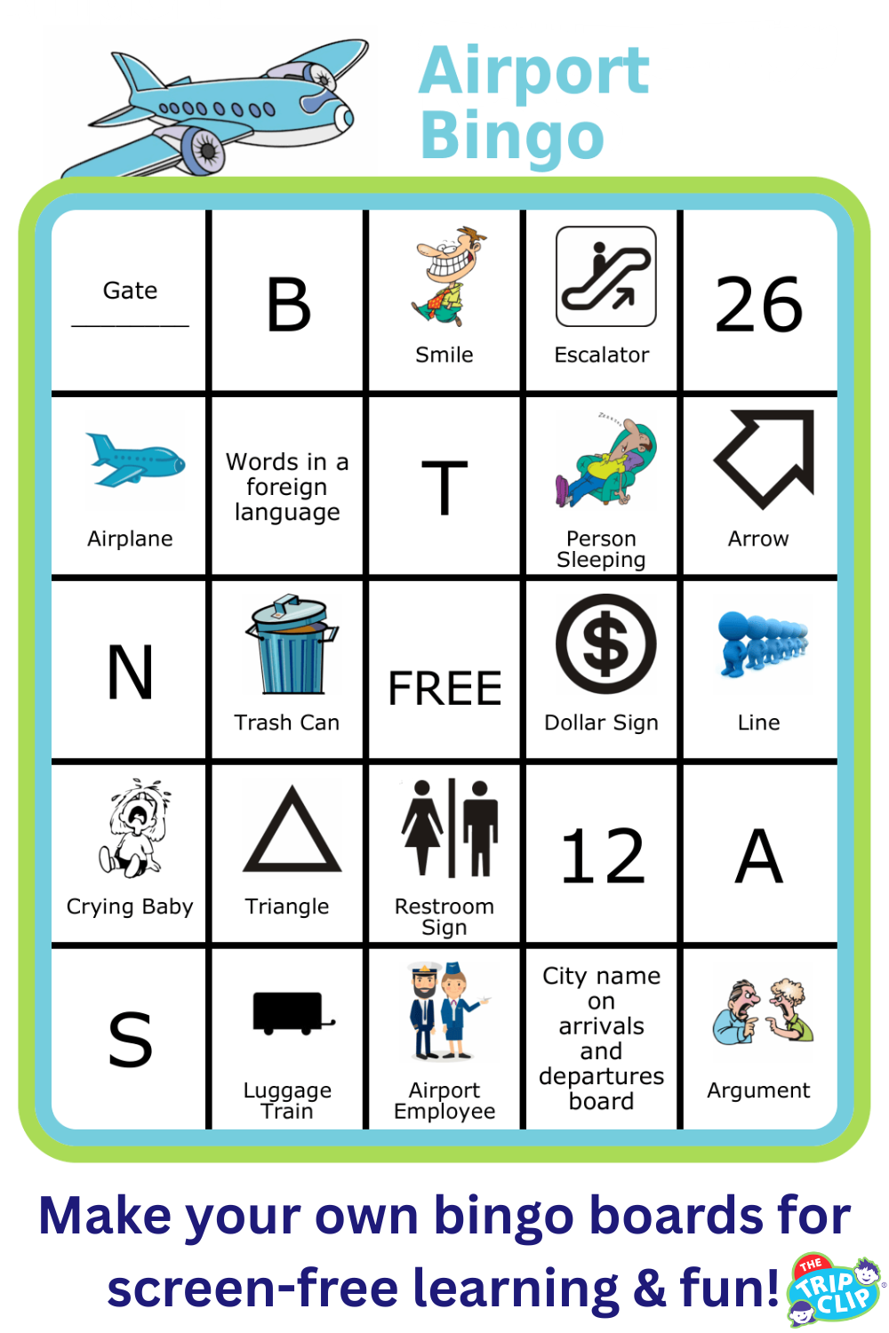 Bingo board with airplane at the top and title Airport Bingo