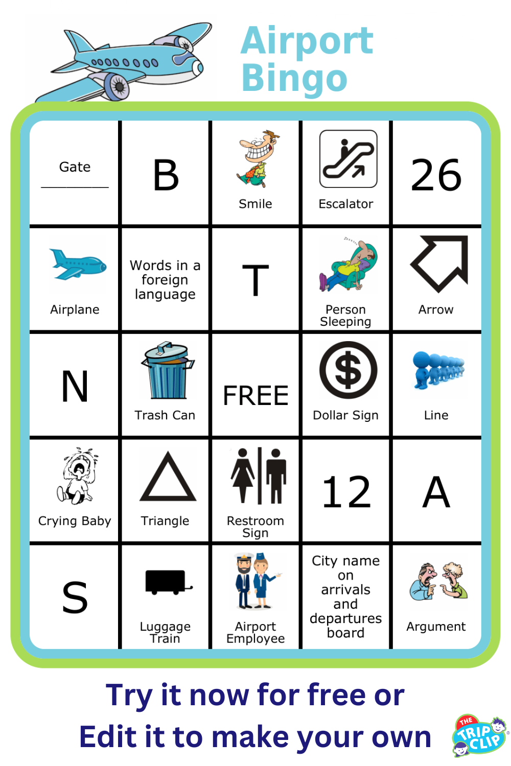 Bingo board with airplane at the top and title Airport Bingo