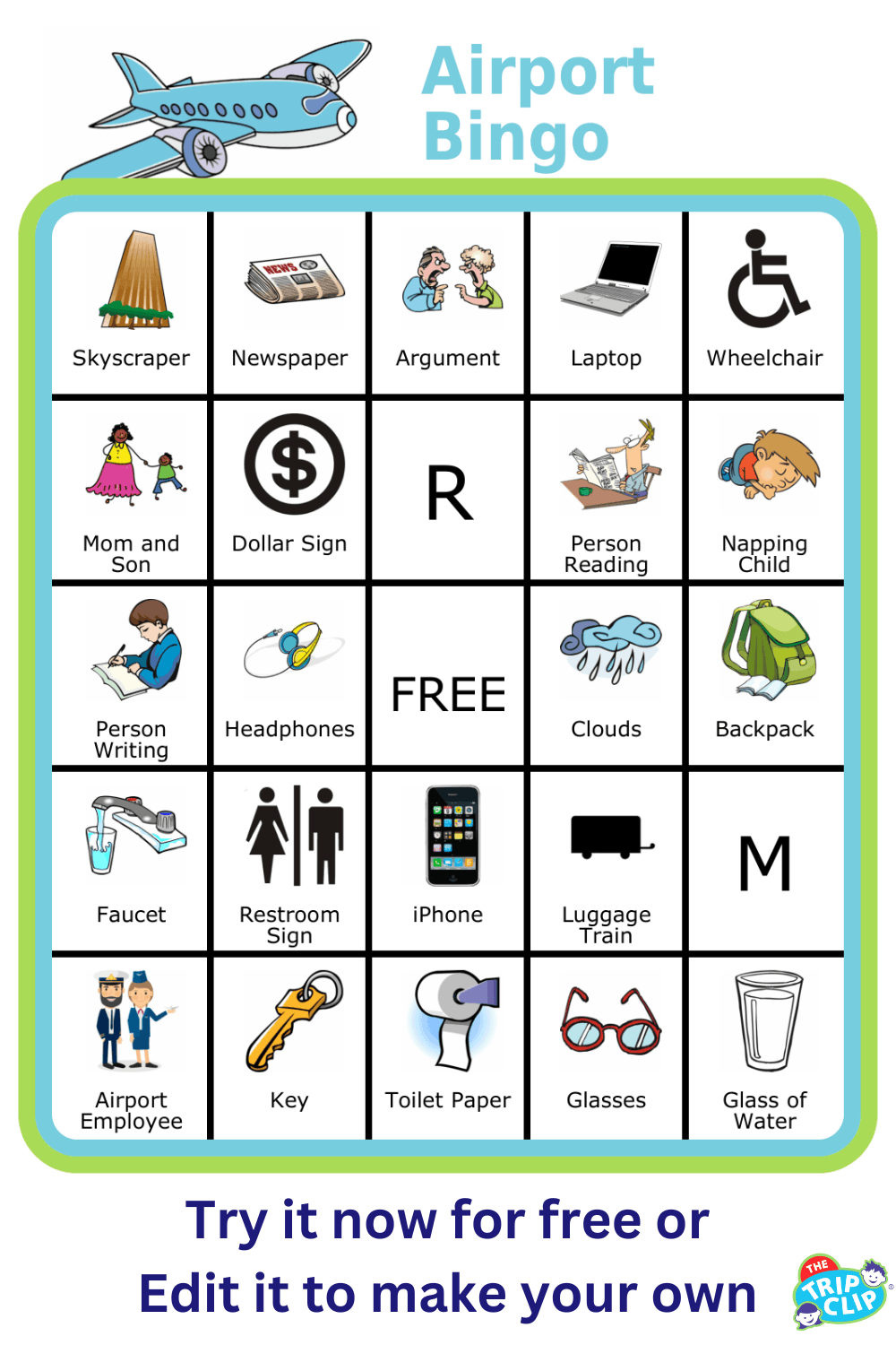 Bingo board with airplane at the top and title Airport Bingo