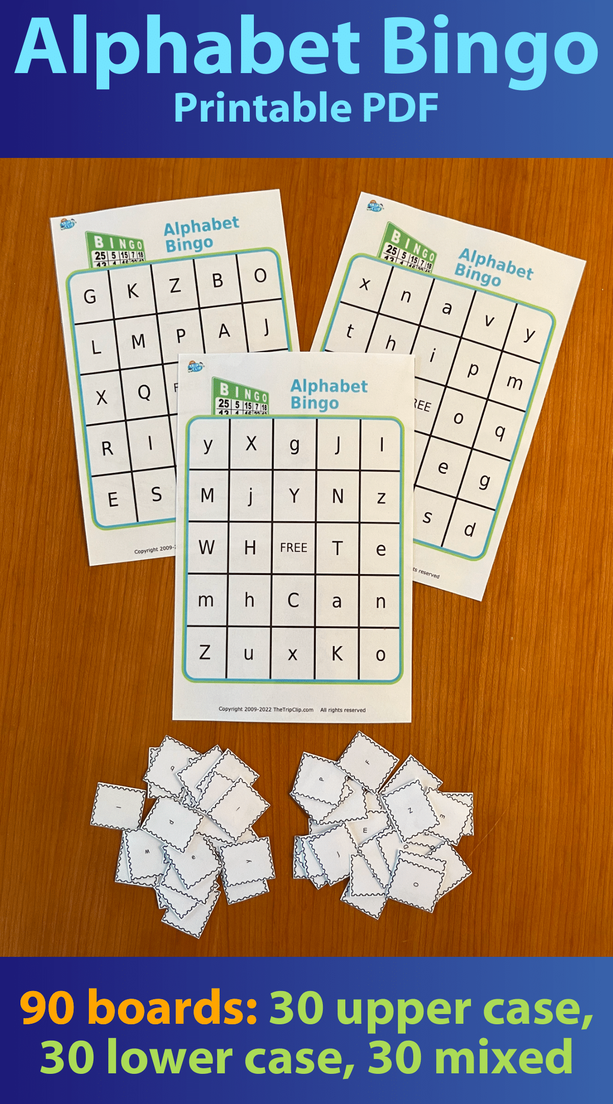 Bingo board with a mix of upper and lower case letters