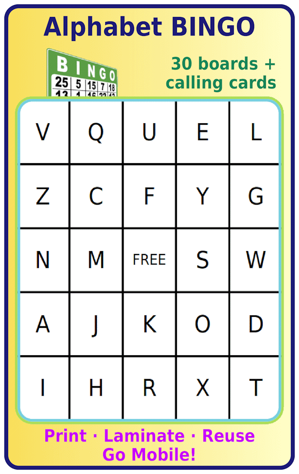 Bingo board with upper  case letters