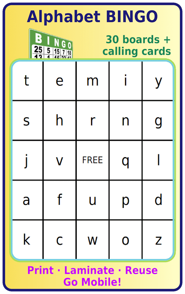 Bingo board with lower case letters