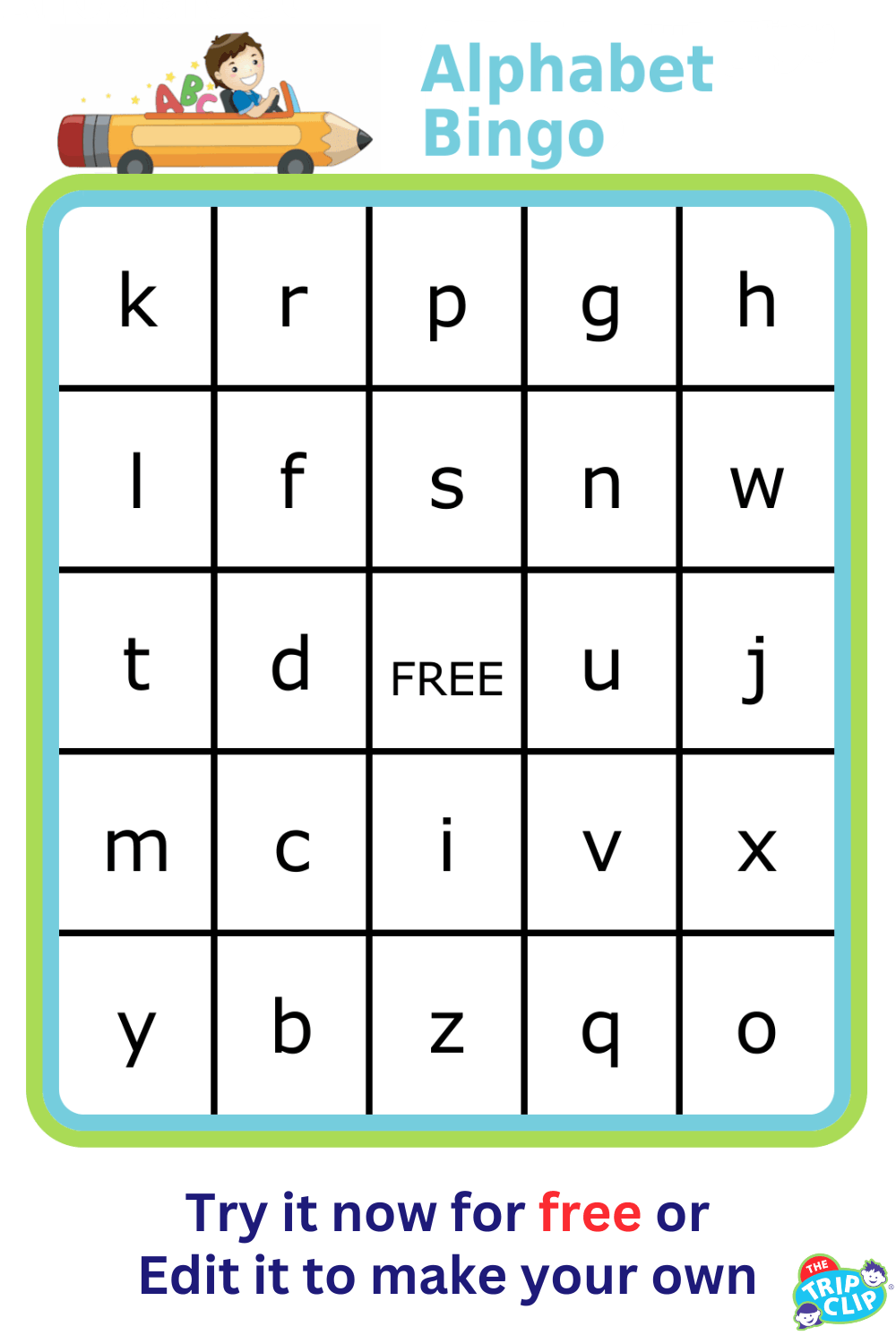 Bingo board with lower case letters in each square