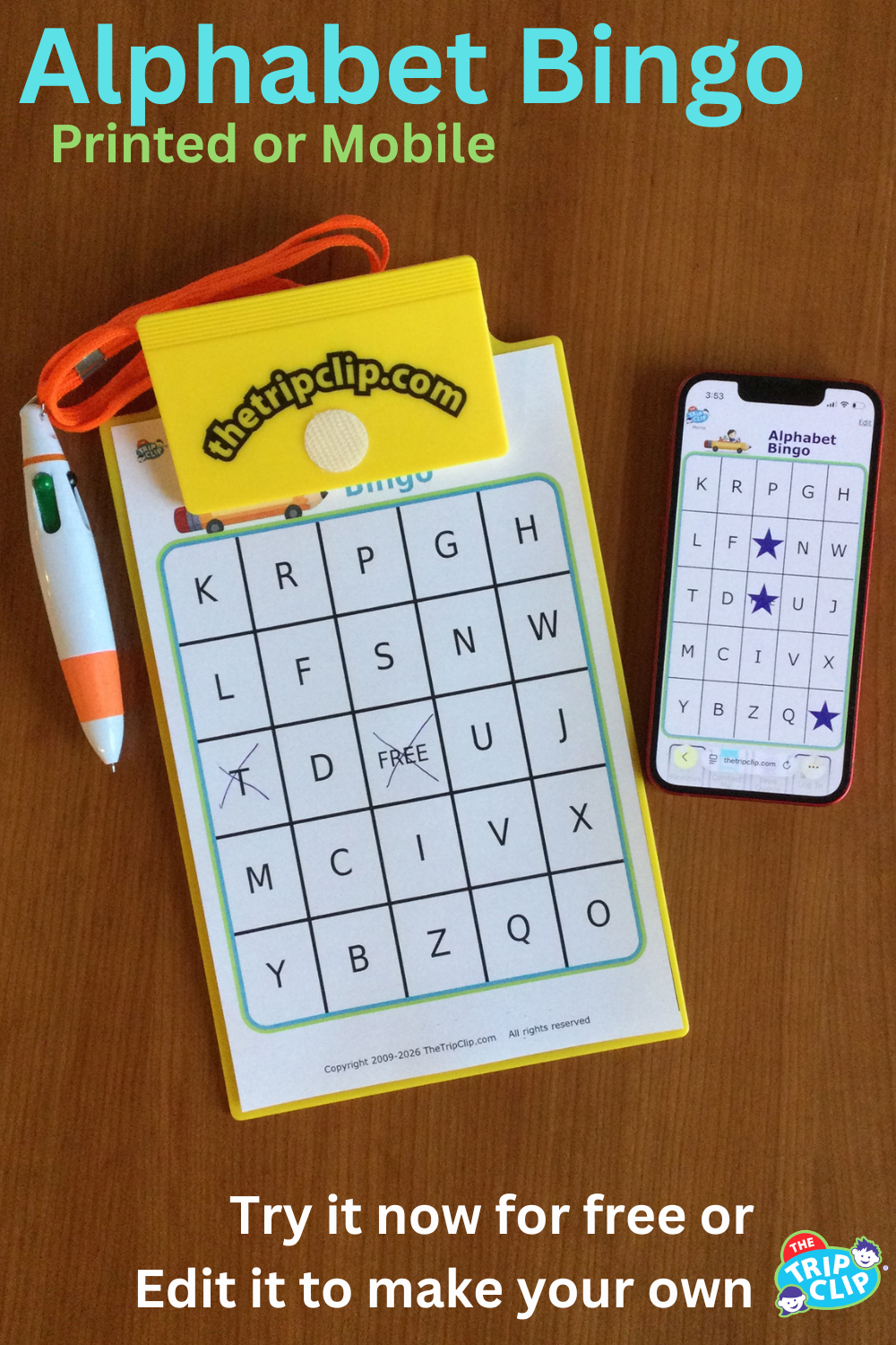 Bingo board with letters in each square, shown on clipboard and iPhone