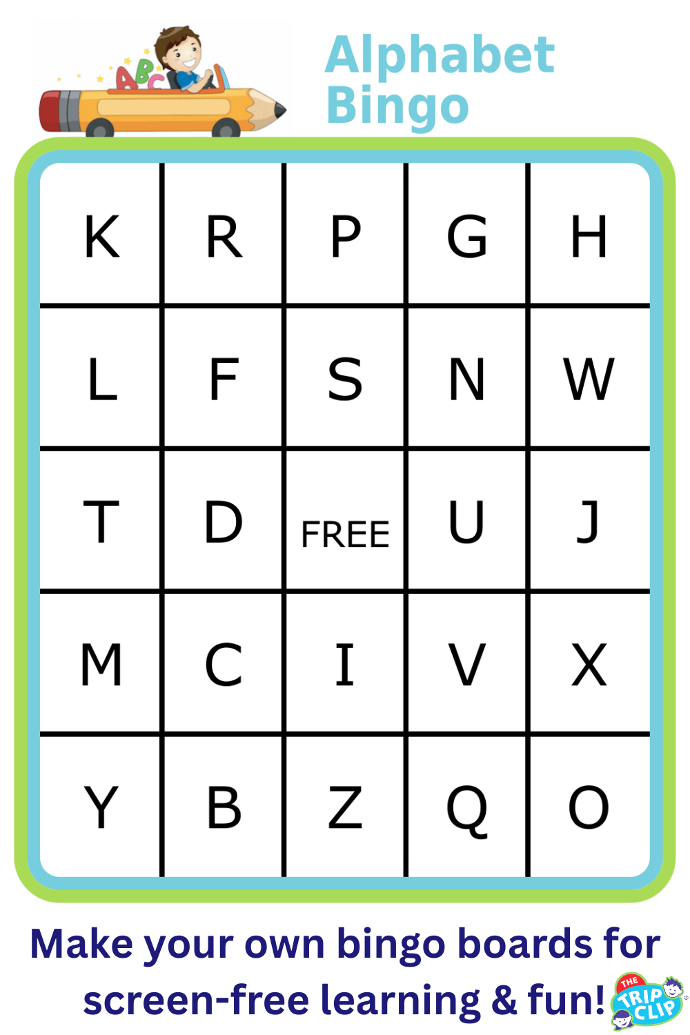 Bingo board with letters in each square