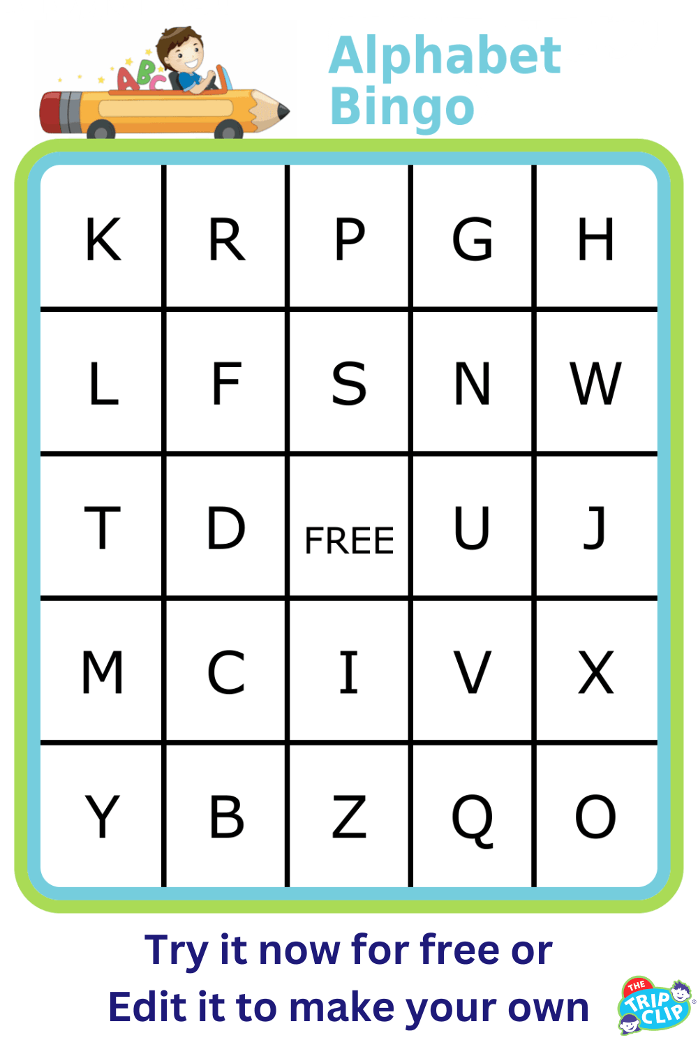 Bingo board with letters in each square