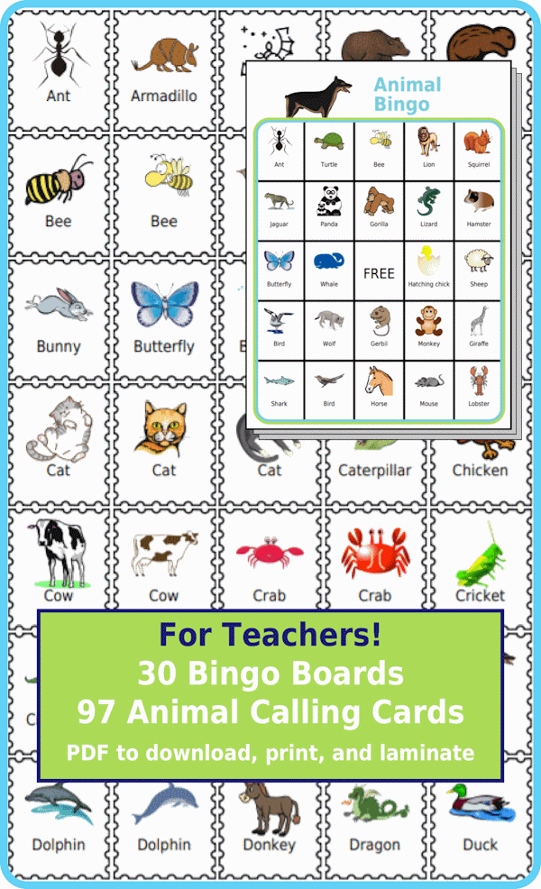 30 animal bingo boards and 97 calling cards