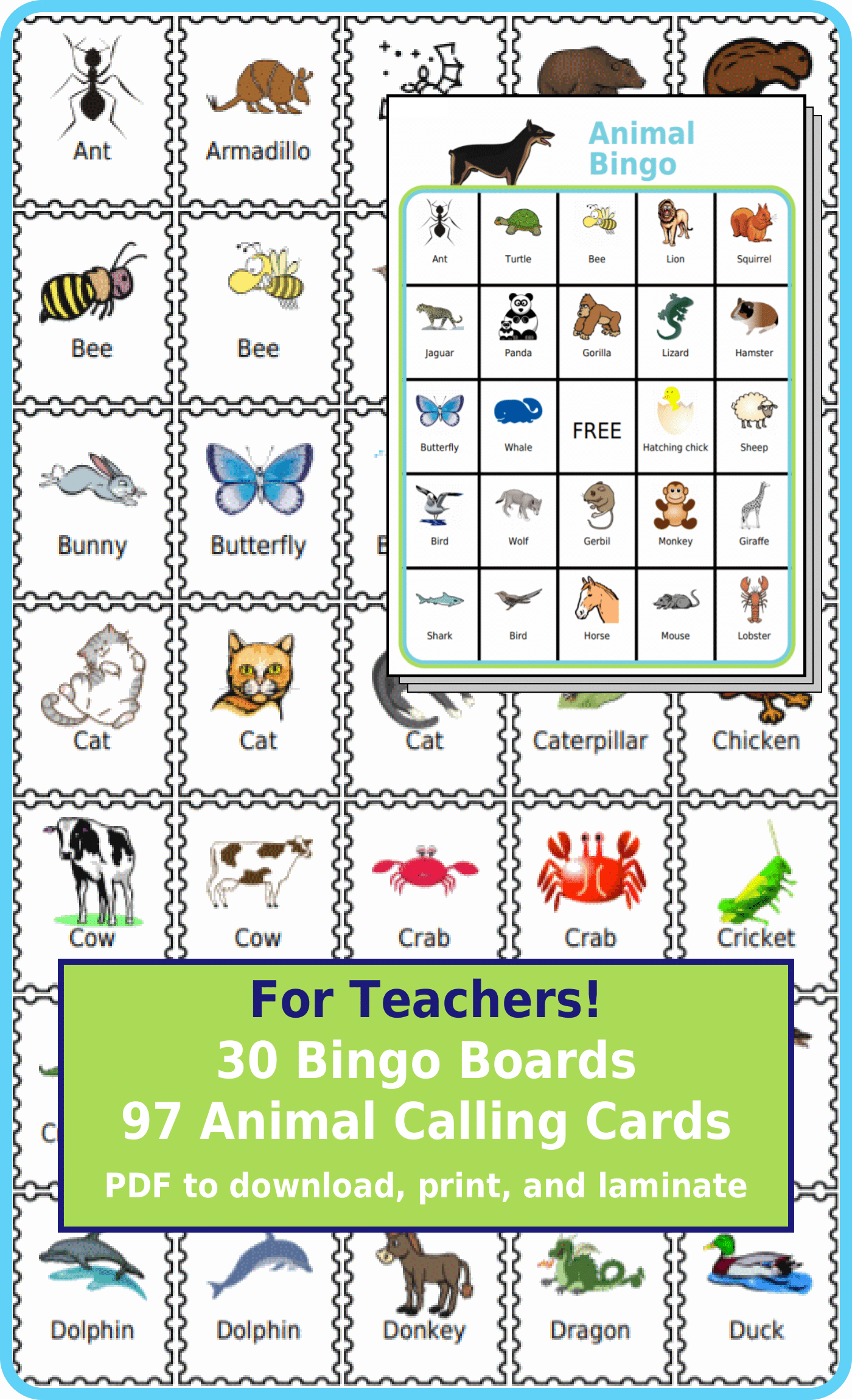 30 animal bingo boards and 97 calling cards