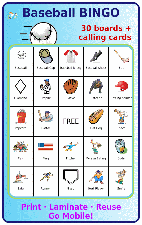 Baseball-themed bingo board, 30 boards + calling cards