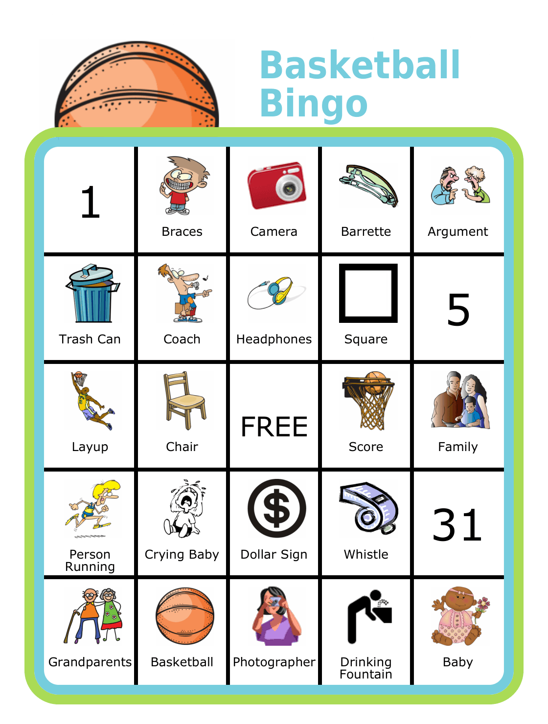 Bingo board with basketball at the top and titled Basketball Bingo