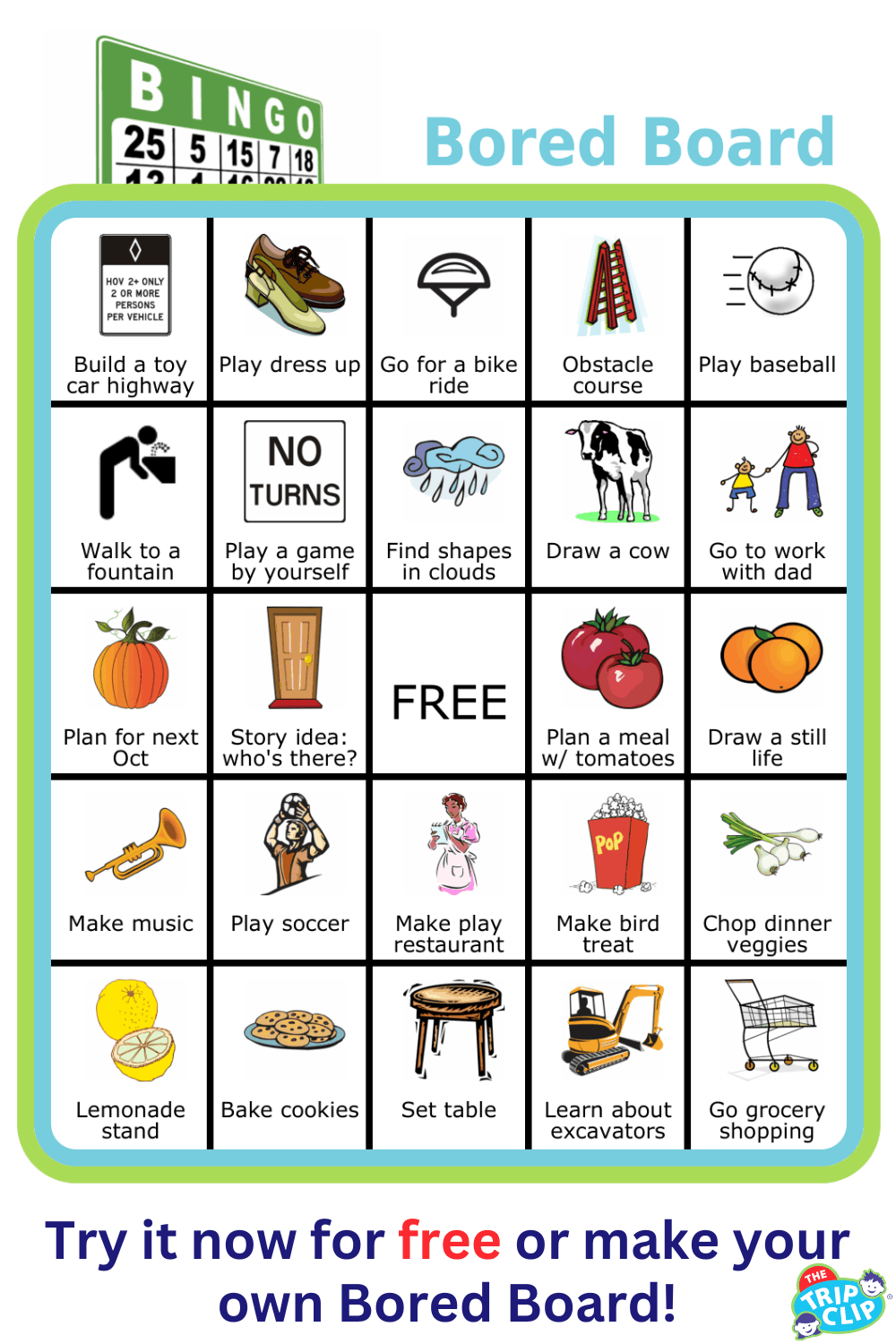 Bingo board with pictures and titled Bingo Bored Board