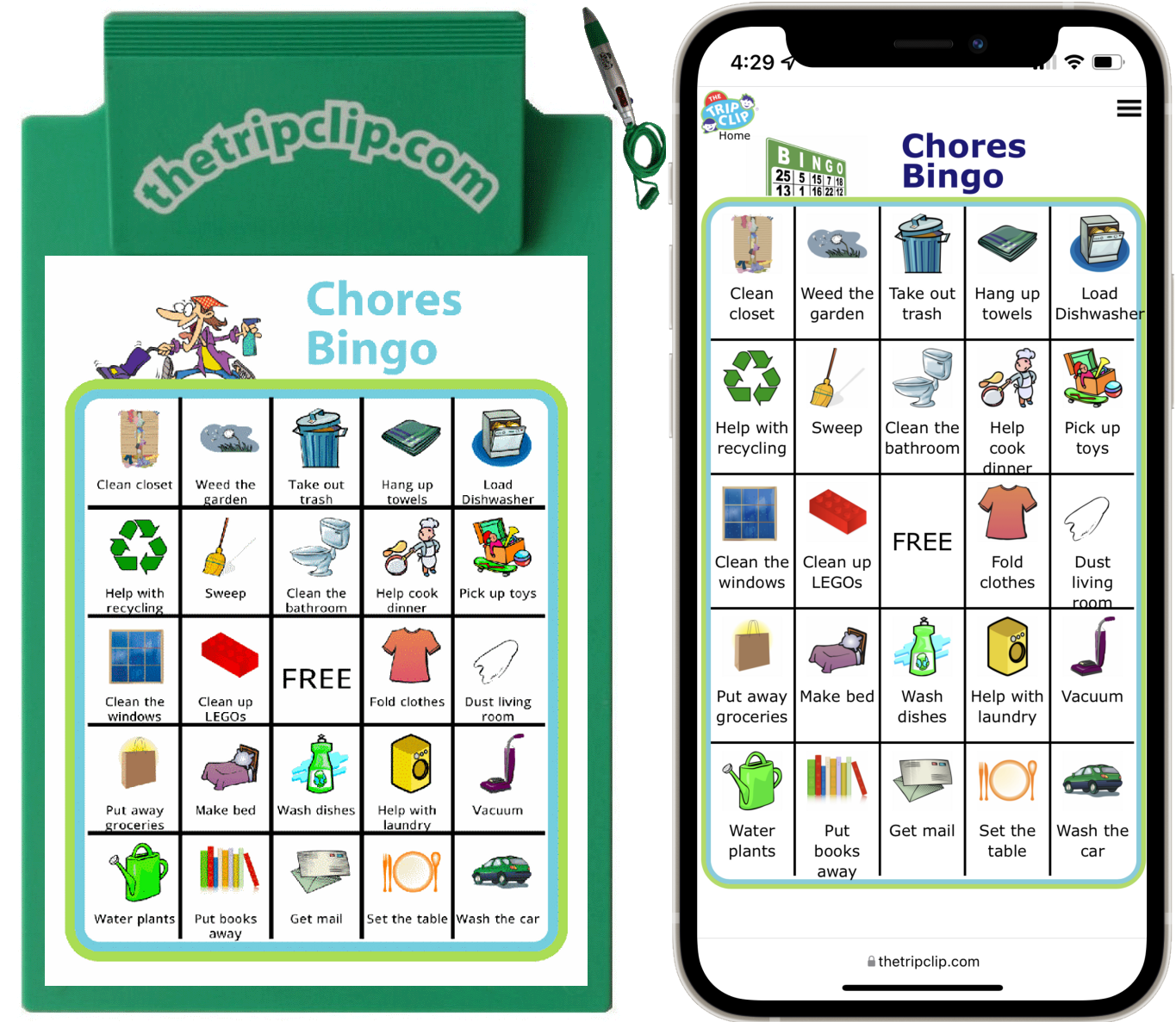 Bingo board with a person frantically cleaning at the top and titled Chores Bingo