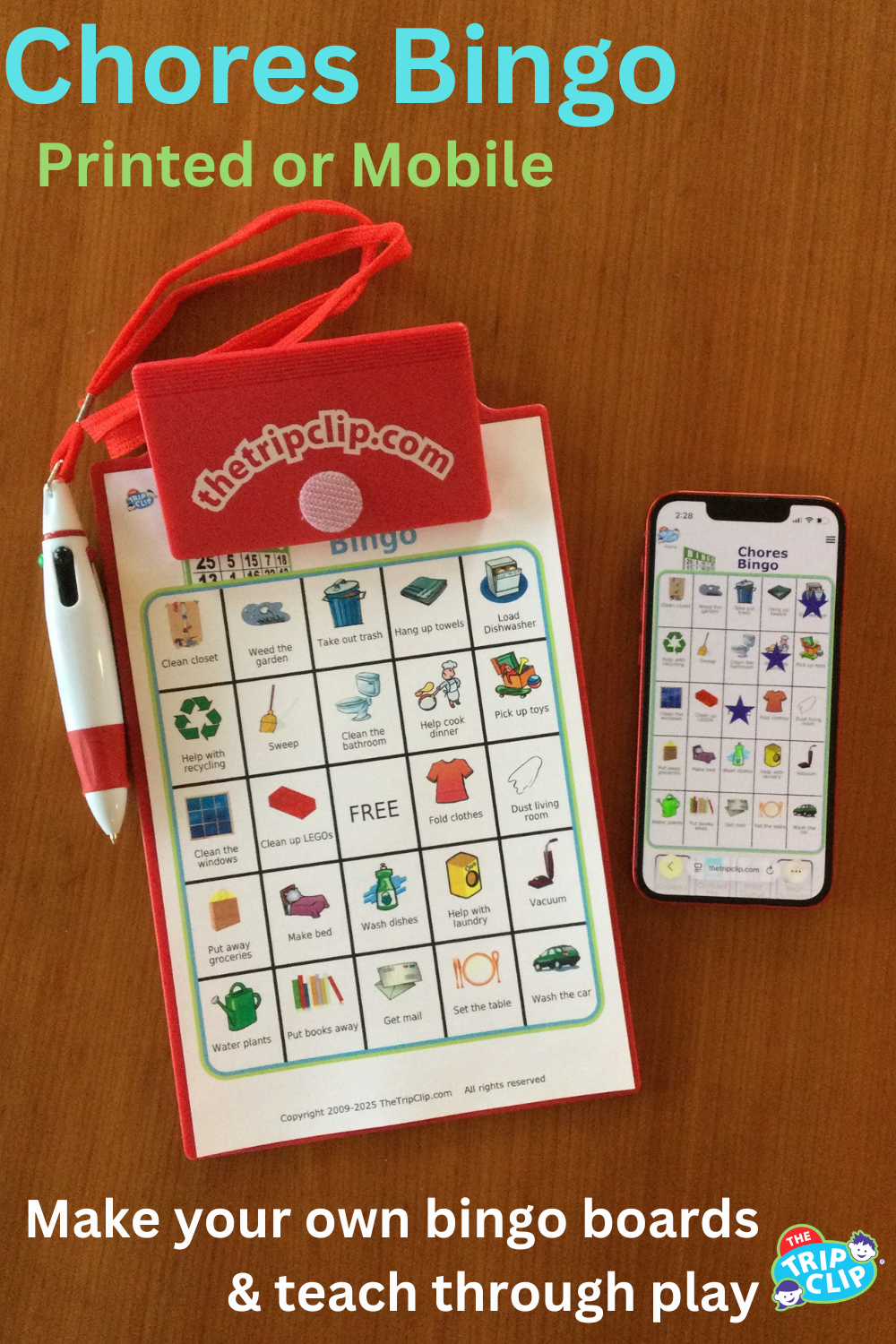 Bingo board titled Chores Bingo with 24 chores for kids, shown on clipboard and iPhone