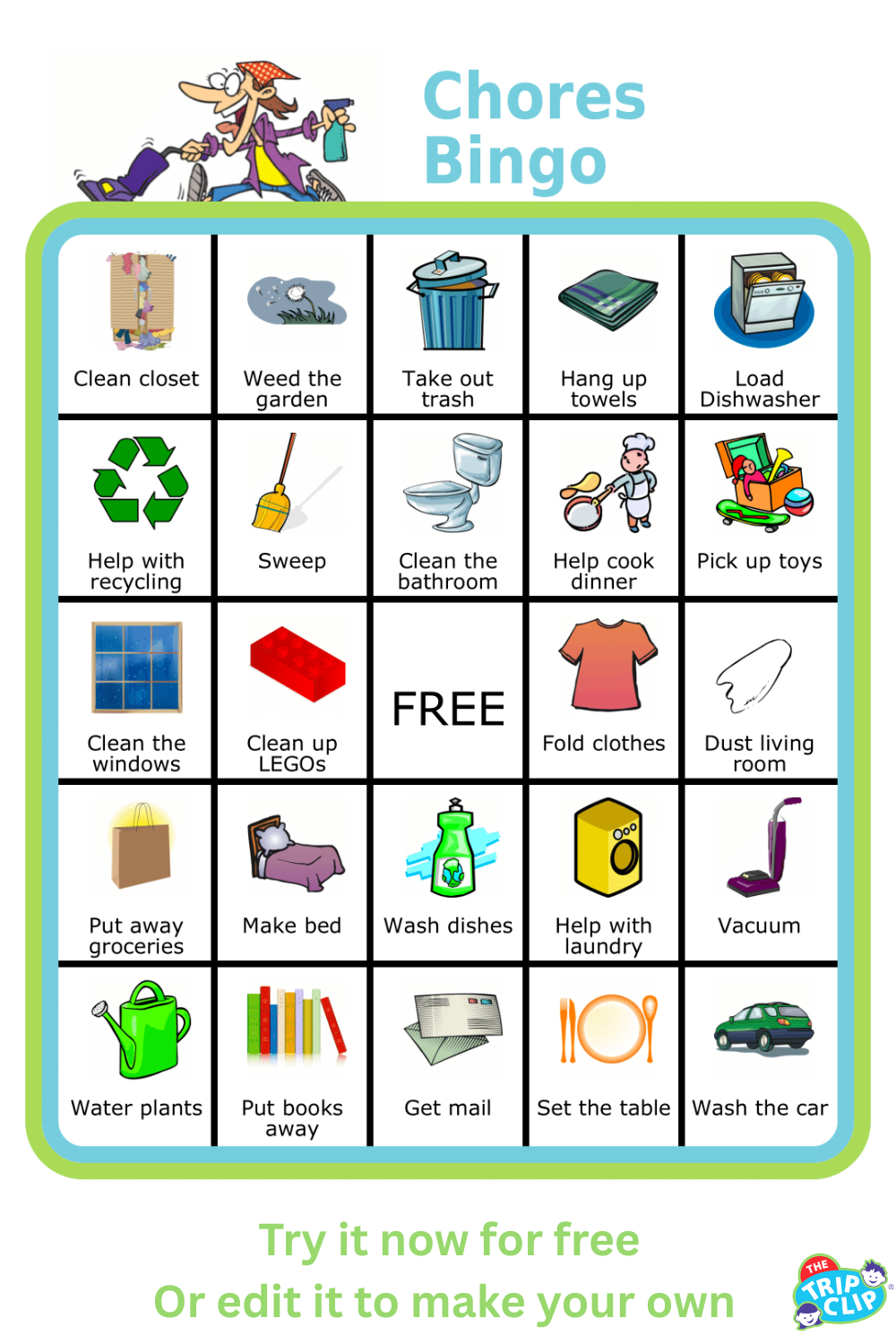 Bingo board titled Chores Bingo with 24 chores for kids, shown on clipboard and iPhone