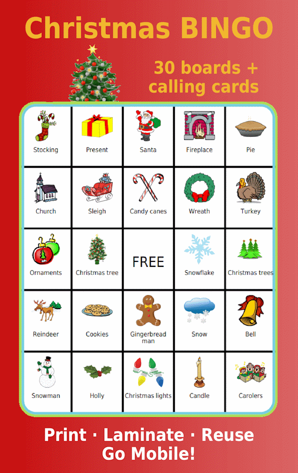 Bingo board with 24 Christmas pictures