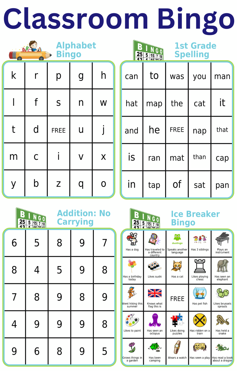 4 free bingo boards: spelling, math, alphabet, icebreaker