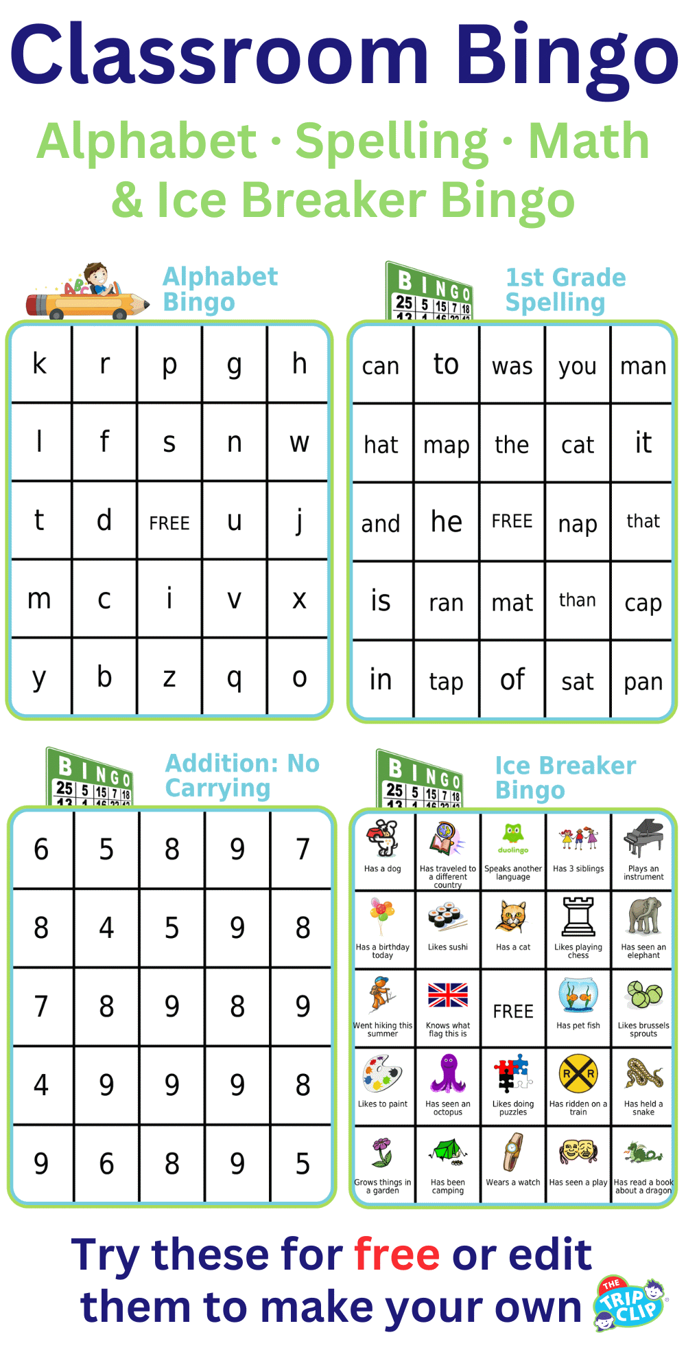 4 free bingo boards: spelling, math, alphabet, icebreaker